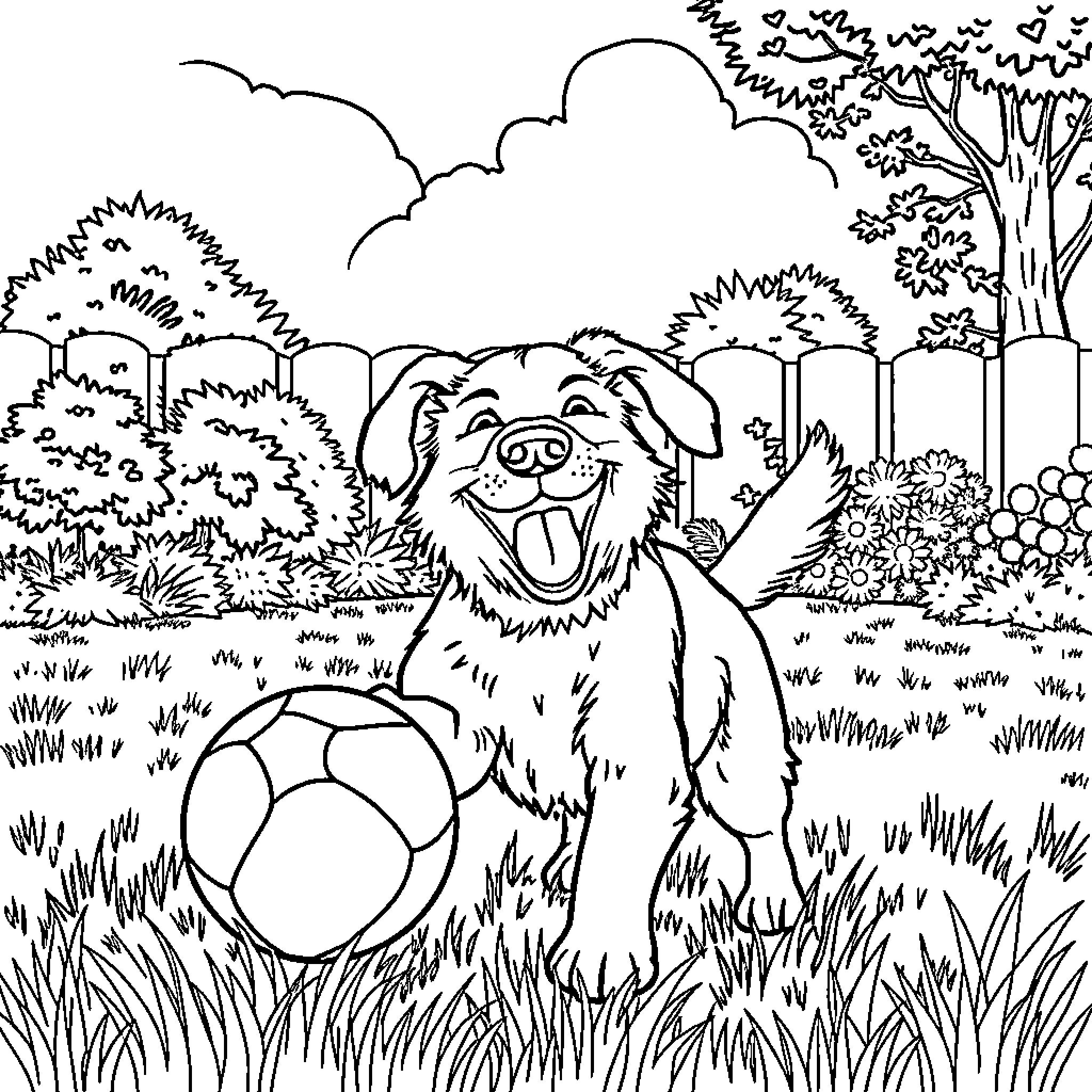 Dog playing joyfully with ball in lush garden Coloring Page (free black-and-white line drawing printable PDF for all, from beginners to advanced learners, including children, teens, adults, and seniors)