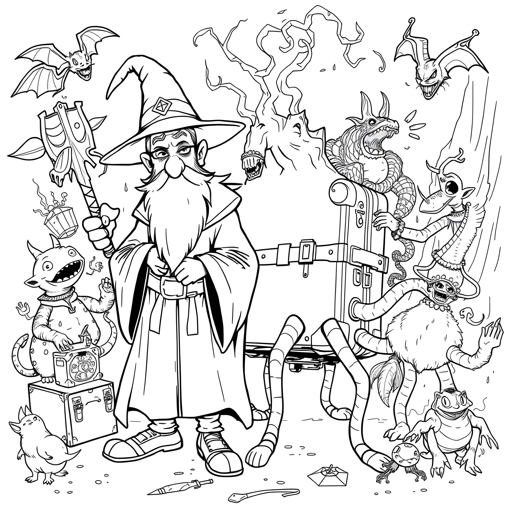Rincewind the Wizard Surrounded by Fantastical Creatures Coloring Page (free black-and-white line drawing printable PDF for all, from beginners to advanced learners, including children, teens, adults, and seniors)