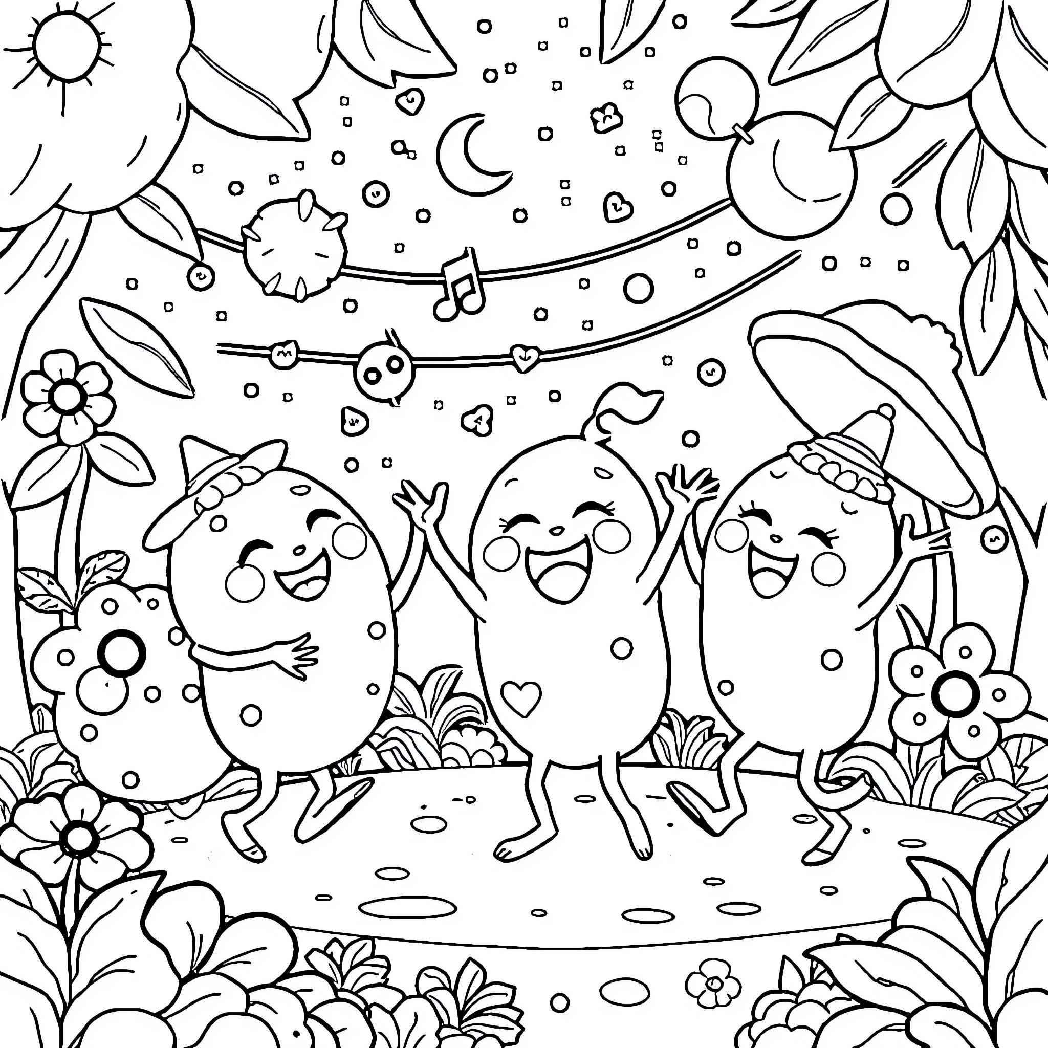 Cocomelon Characters Enjoying a Playful Outdoor Scene Coloring Page (free black-and-white line drawing printable PDF for all, from beginners to advanced learners, including children, teens, adults, and seniors)