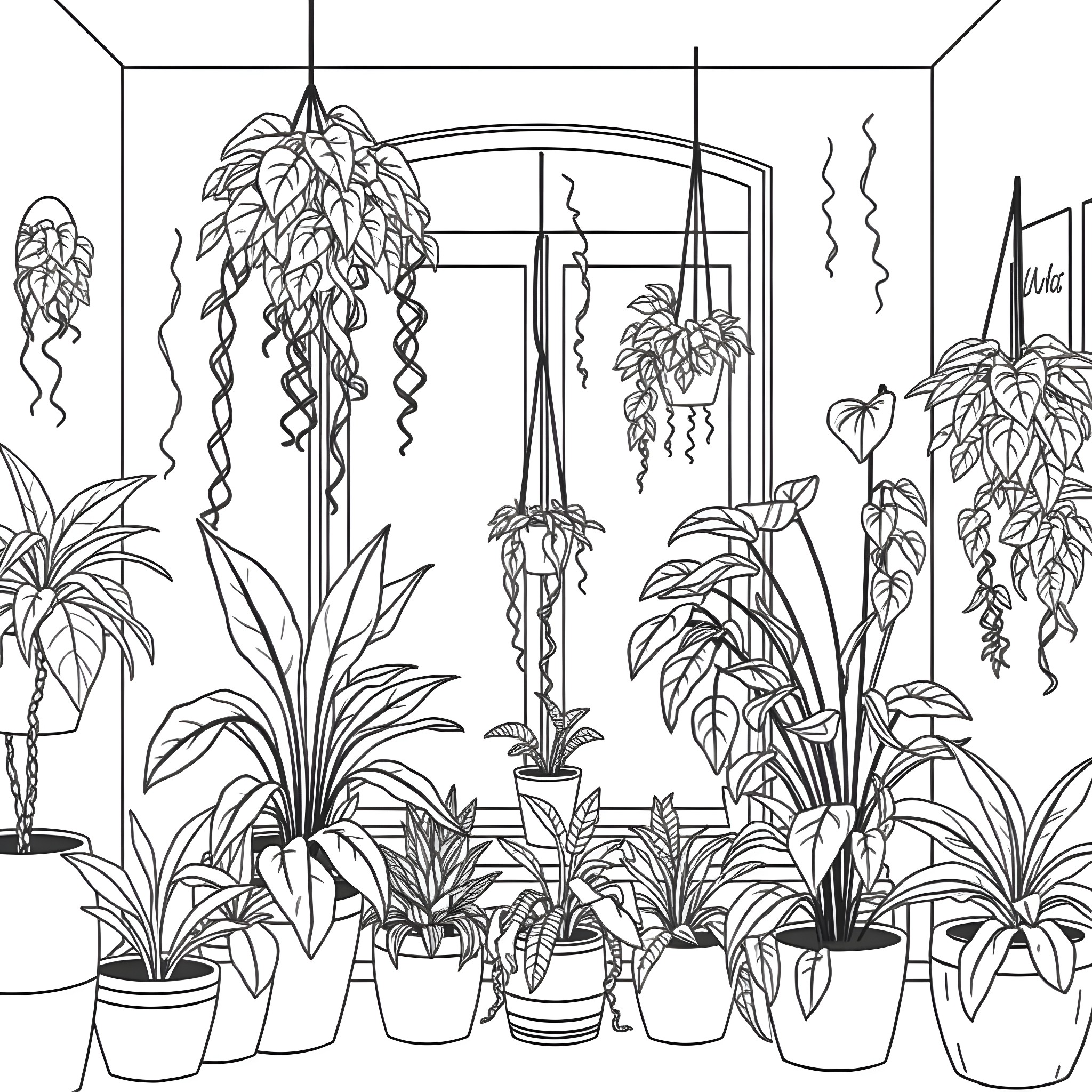 Plant-filled indoor setting with hanging decor Coloring Page (free black-and-white line drawing printable PDF for all, from beginners to advanced learners, including children, teens, adults, and seniors)