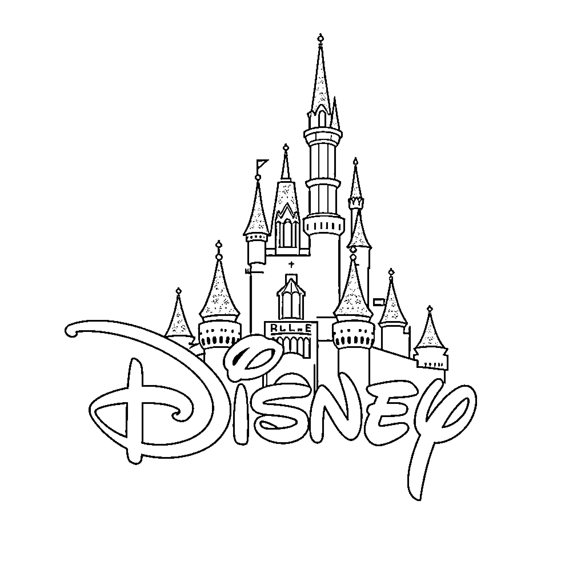 Disney Logo with Iconic Castle Towers Coloring Page (free black-and-white line drawing printable PDF for all, from beginners to advanced learners, including children, teens, adults, and seniors)