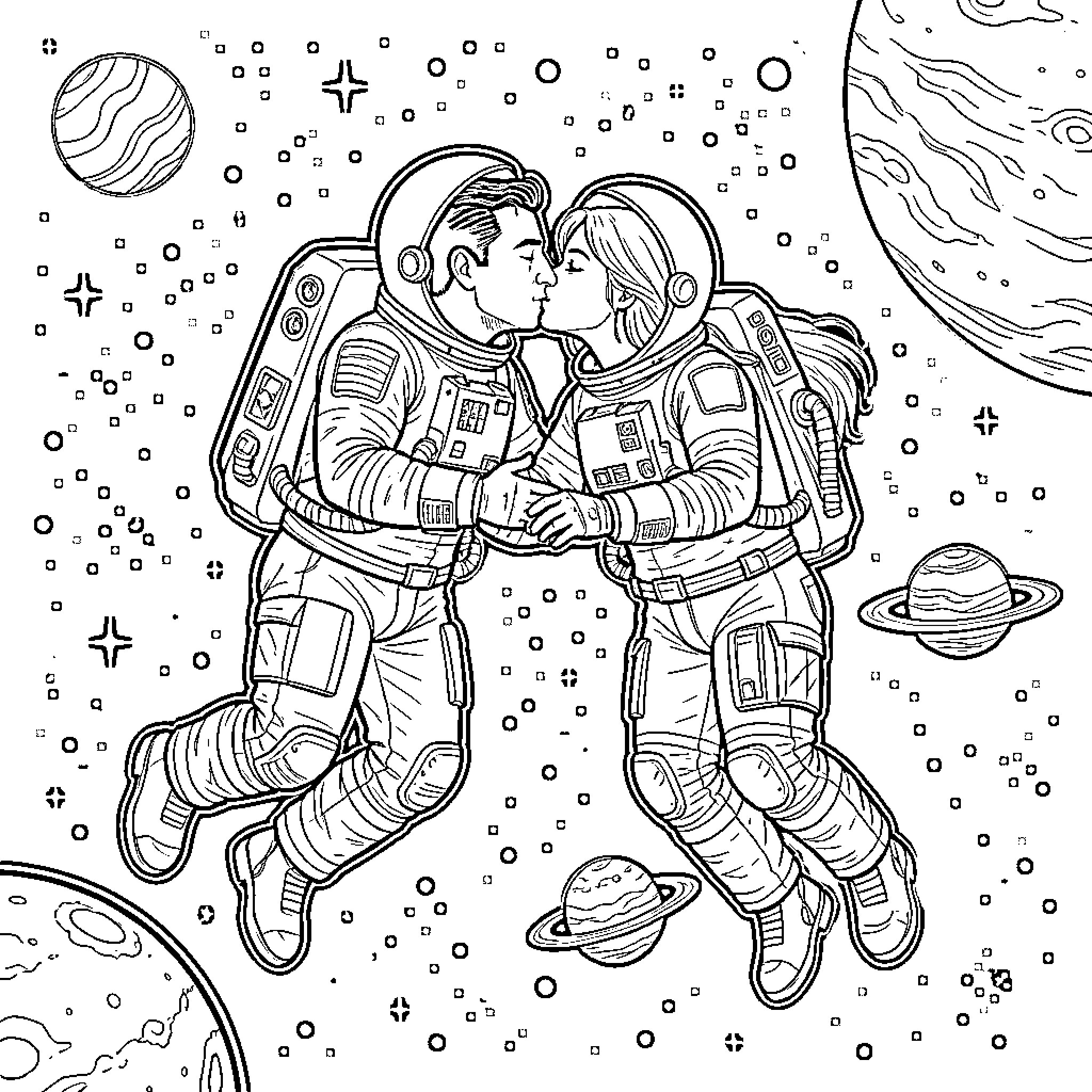 Astronauts sharing a tender moment in space Coloring Page (free black-and-white line drawing printable PDF for all, from beginners to advanced learners, including children, teens, adults, and seniors)