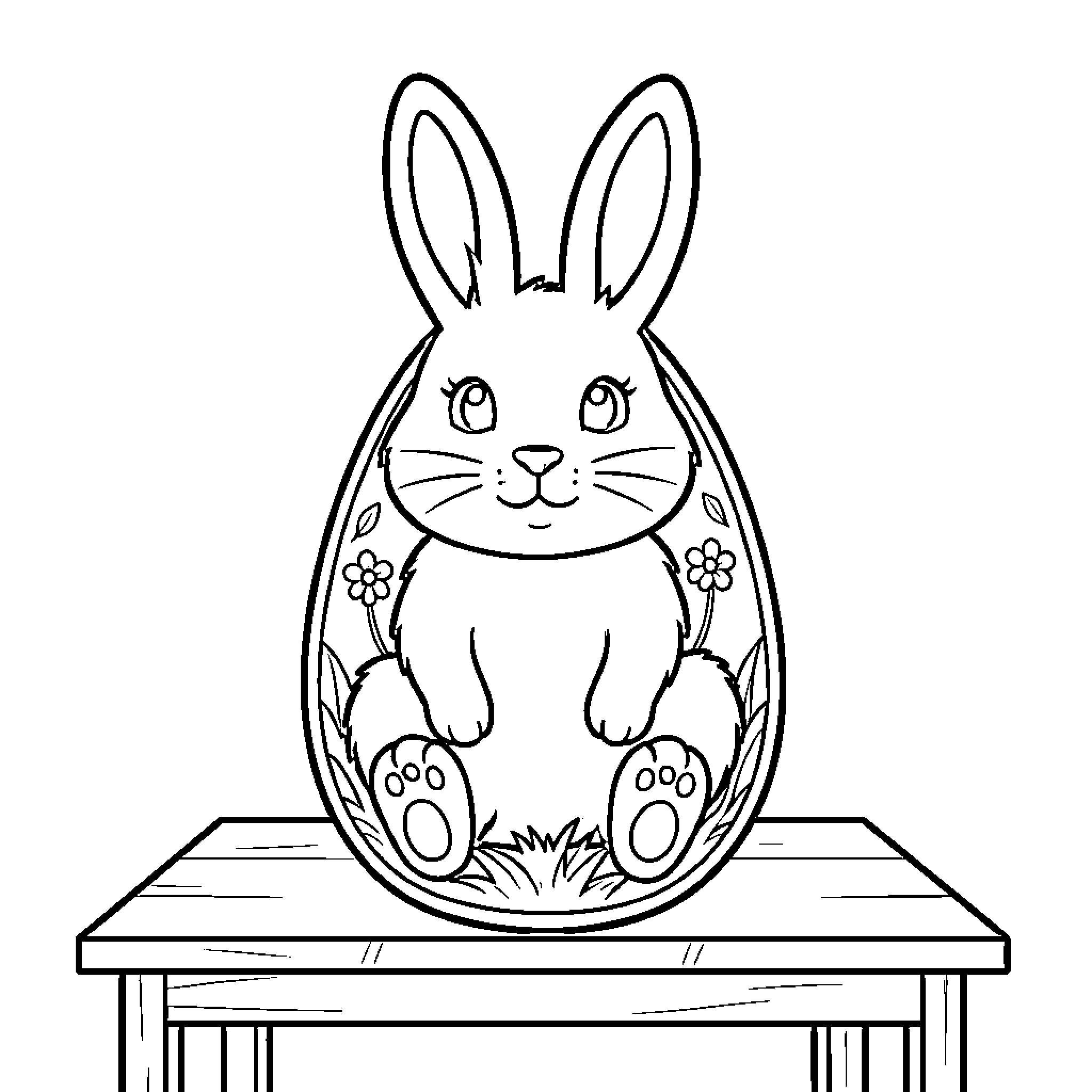 Bunny peeking out from inside an Easter egg Coloring Page (free black-and-white line drawing printable PDF for all, from beginners to advanced learners, including children, teens, adults, and seniors)