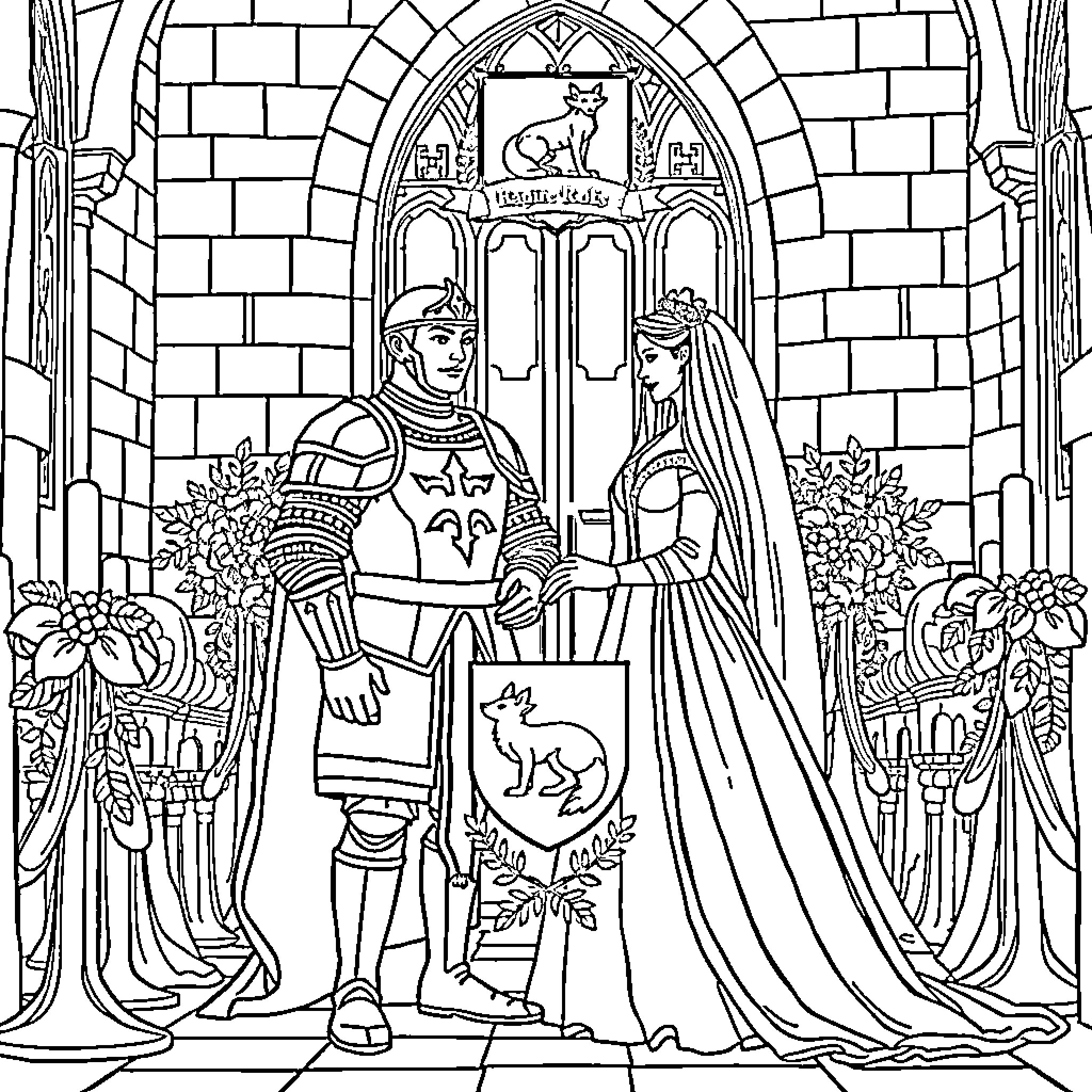 Knight and Lady in Medieval Castle Scene Coloring Page (free black-and-white line drawing printable PDF for all, from beginners to advanced learners, including children, teens, adults, and seniors)