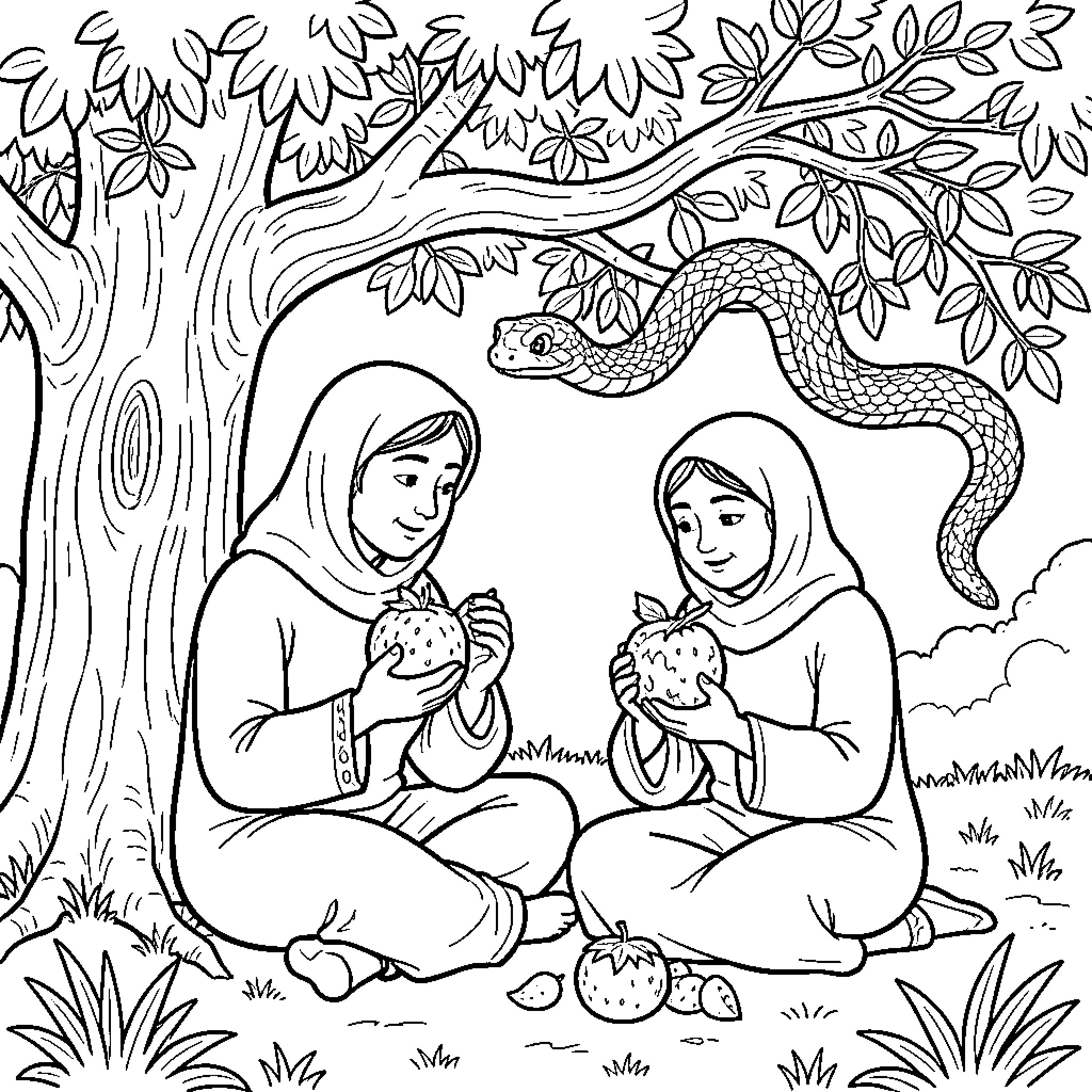 Man and Woman sitting under a tree eating fruit Coloring Page (free black-and-white line drawing printable PDF for all, from beginners to advanced learners, including children, teens, adults, and seniors)