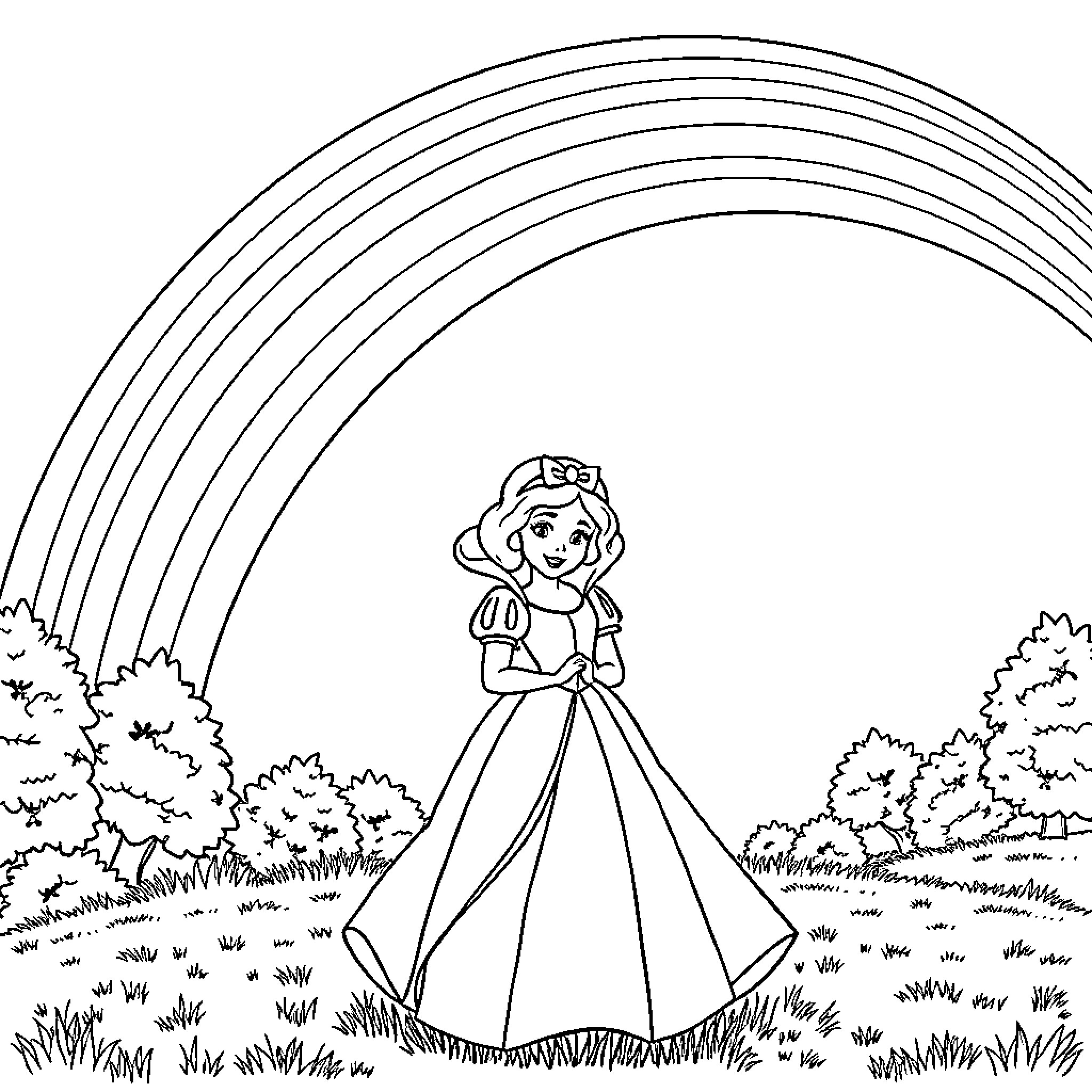 Snow White gazing at a rainbow in a meadow Coloring Page (free black-and-white line drawing printable PDF for all, from beginners to advanced learners, including children, teens, adults, and seniors)