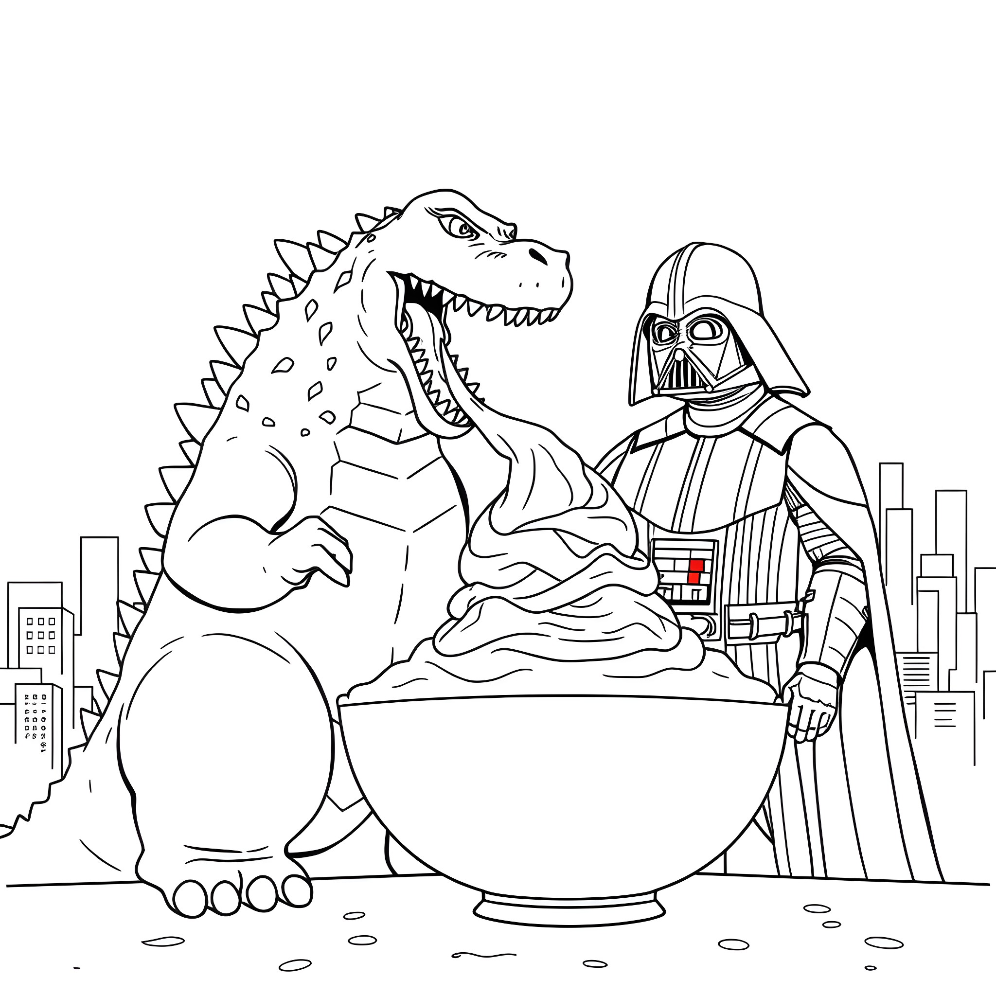 Godzilla and Darth Vader in Confrontation Coloring Page (free black-and-white line drawing printable PDF for all, from beginners to advanced learners, including children, teens, adults, and seniors)