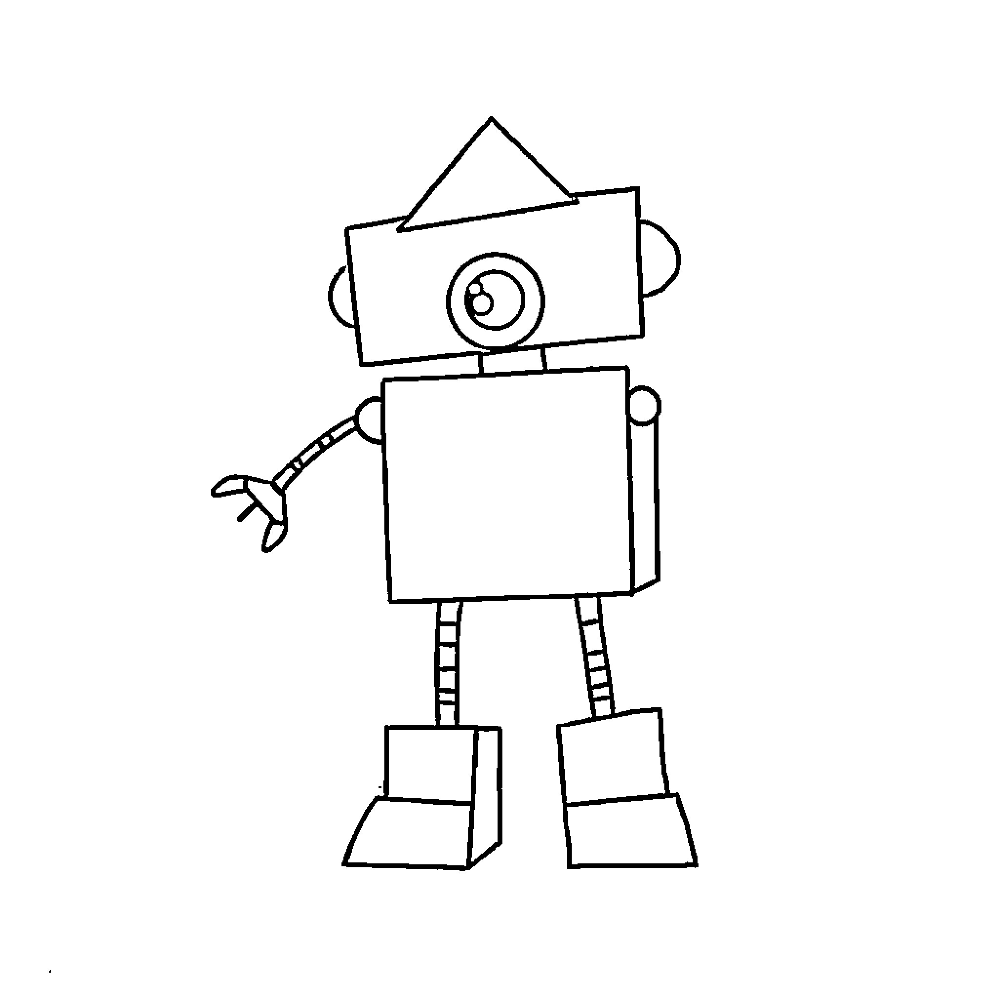 Robot with square body and cyclops eye Coloring Page (free black-and-white line drawing printable PDF for all, from beginners to advanced learners, including children, teens, adults, and seniors)