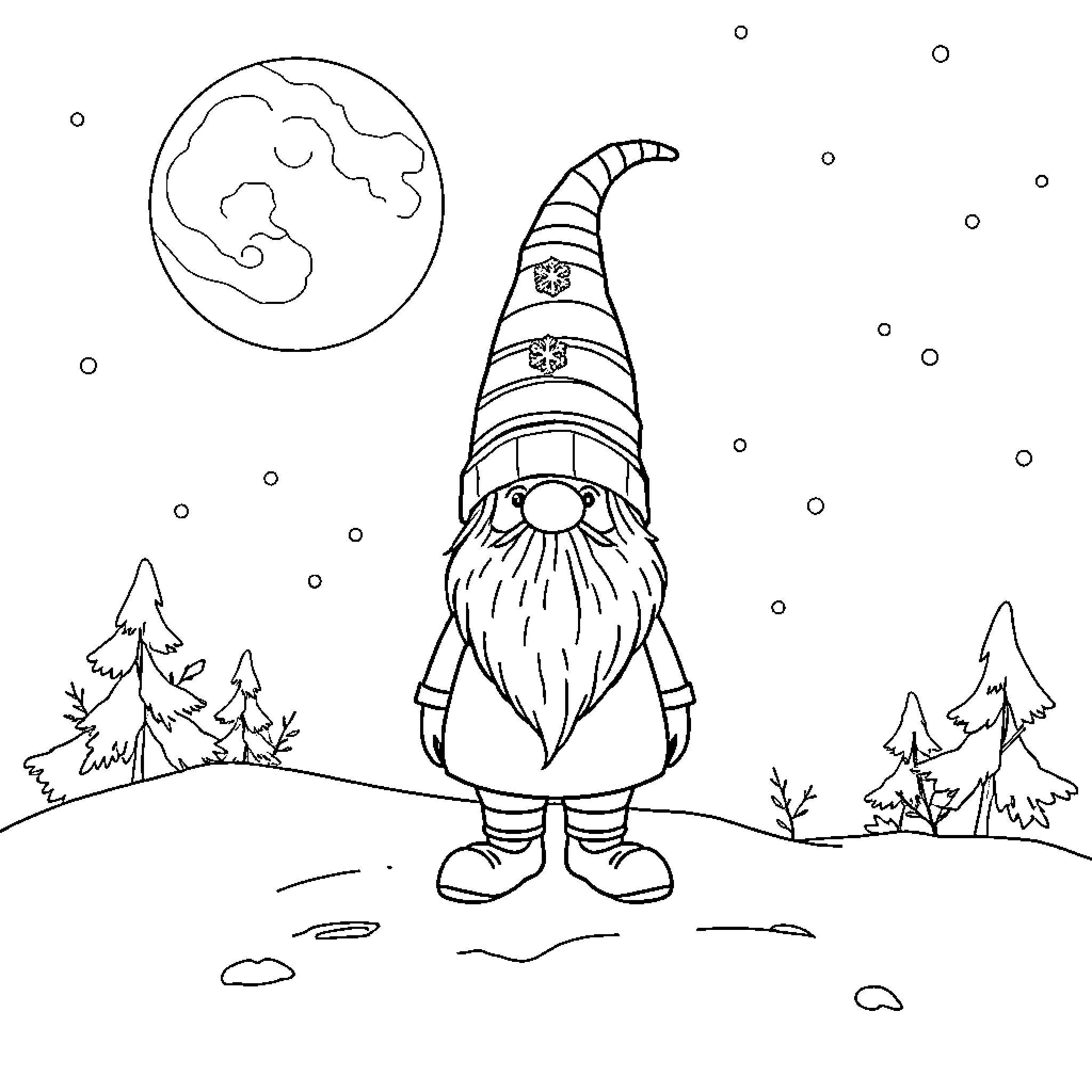 Gnome standing in a snowy landscape under the moon Coloring Page (free black-and-white line drawing printable PDF for all, from beginners to advanced learners, including children, teens, adults, and seniors)