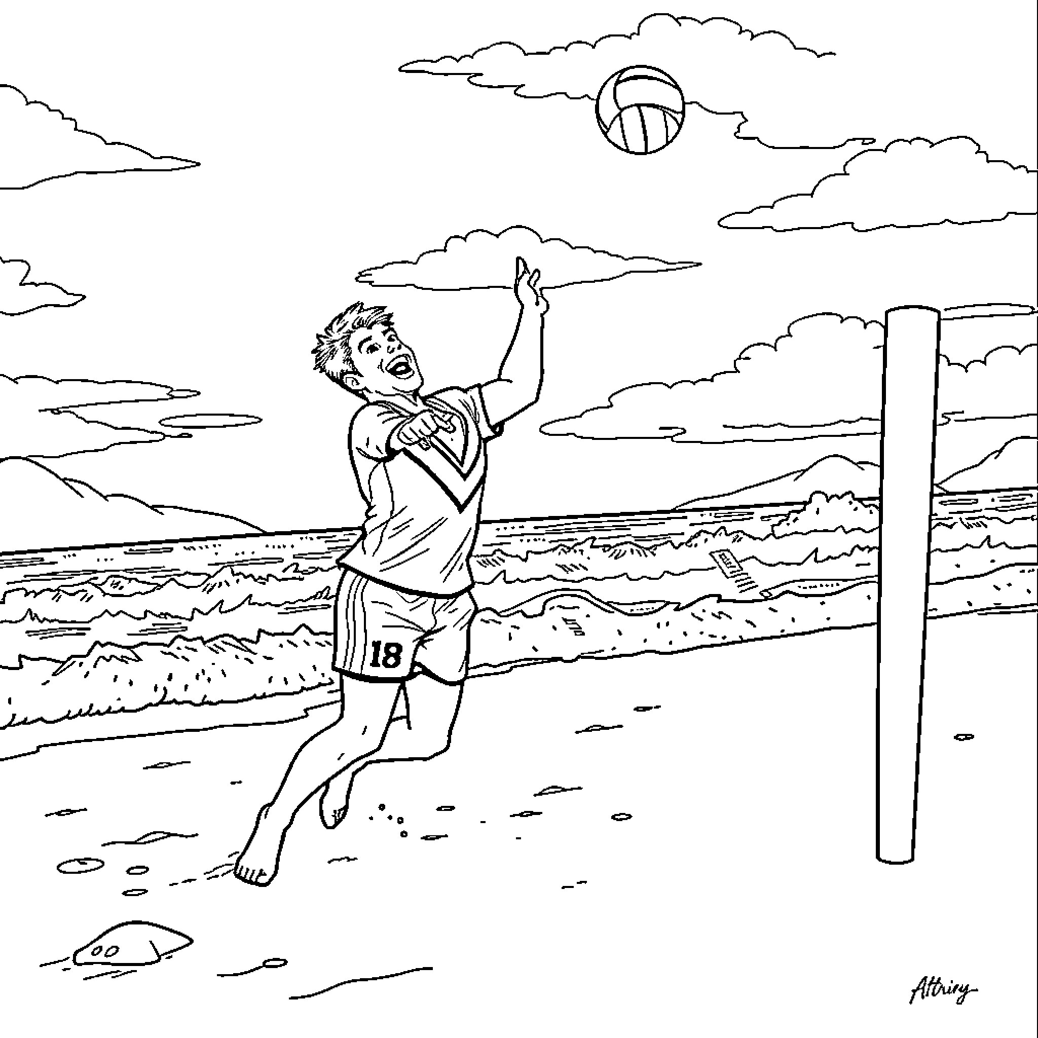 Nathan Cleary playing volleyball on the beach Coloring Page (free black-and-white line drawing printable PDF for all, from beginners to advanced learners, including children, teens, adults, and seniors)