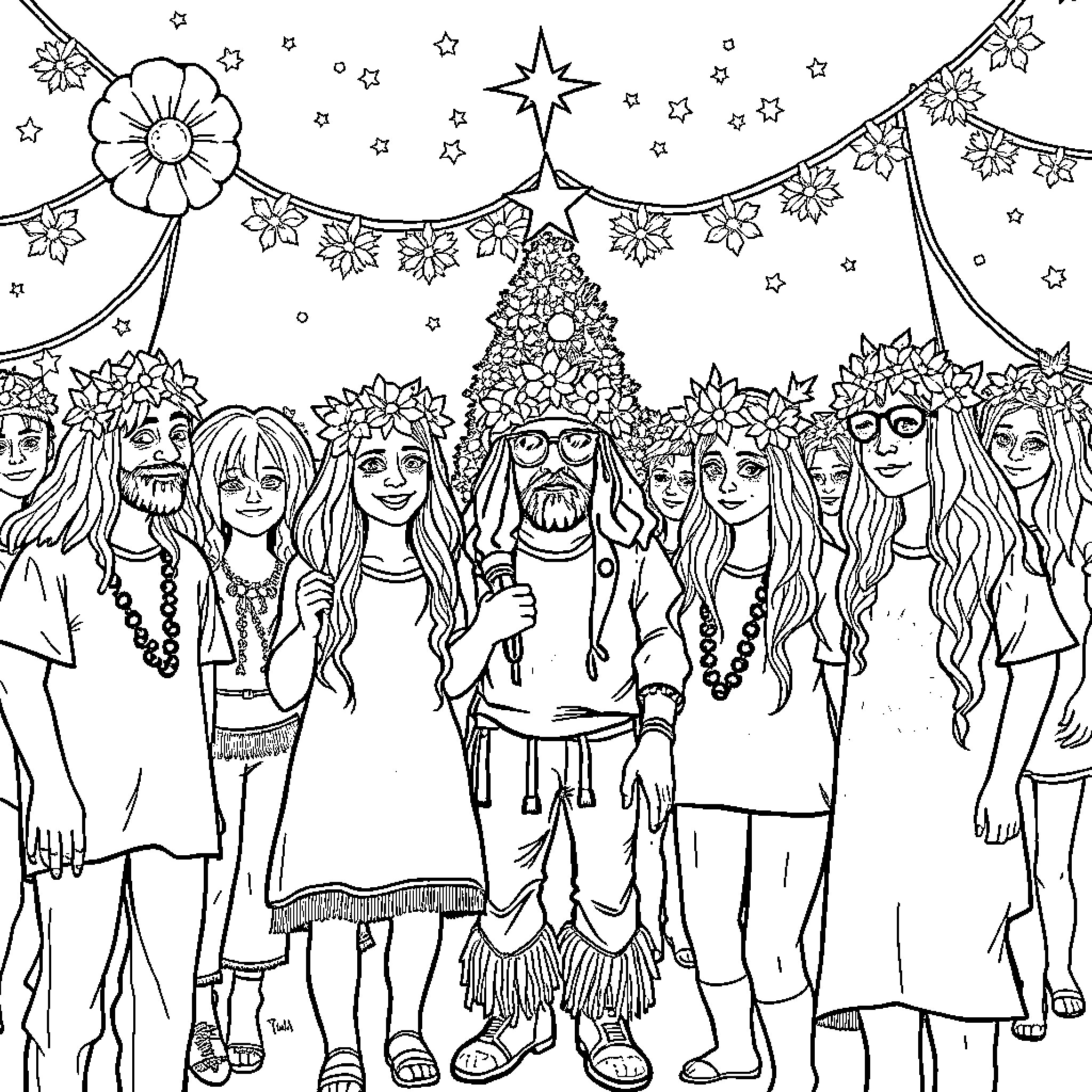 Hippie Gathering under Starry Decorations Coloring Page (free black-and-white line drawing printable PDF for all, from beginners to advanced learners, including children, teens, adults, and seniors)