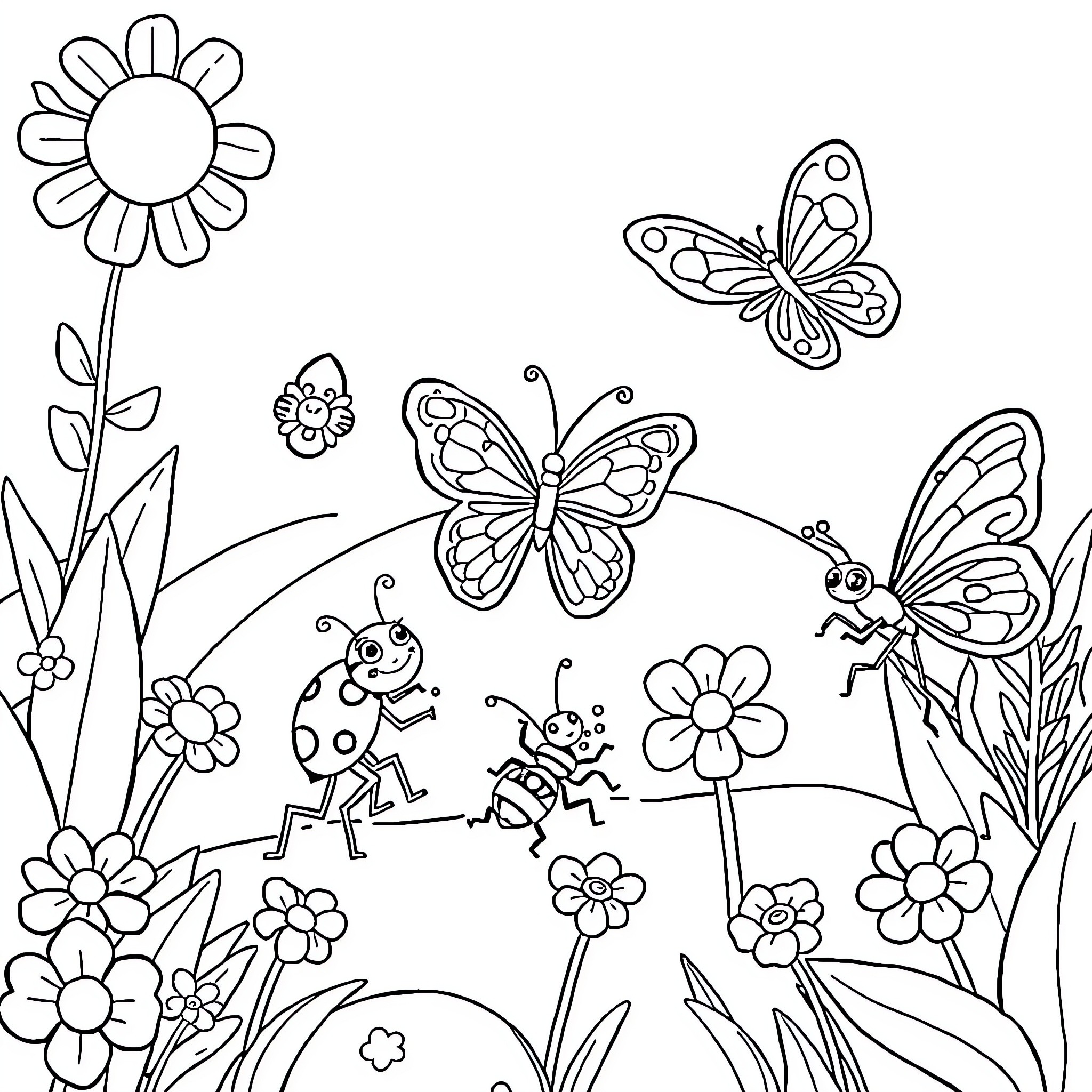 Bug friends playing in the garden Coloring Page (free black-and-white line drawing printable PDF for all, from beginners to advanced learners, including children, teens, adults, and seniors)