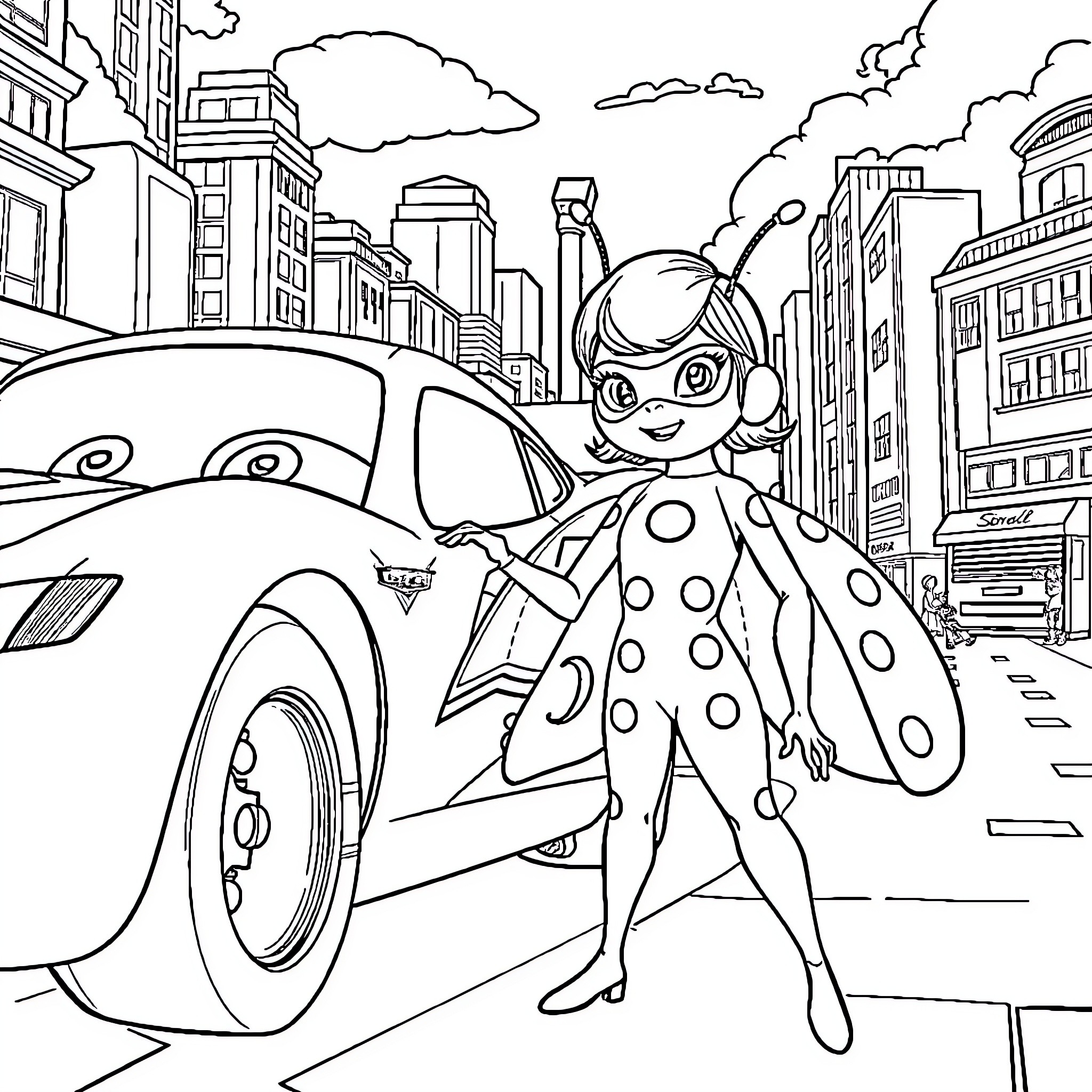 Ladybug exploring the city with her car Coloring Page (free black-and-white line drawing printable PDF for all, from beginners to advanced learners, including children, teens, adults, and seniors)