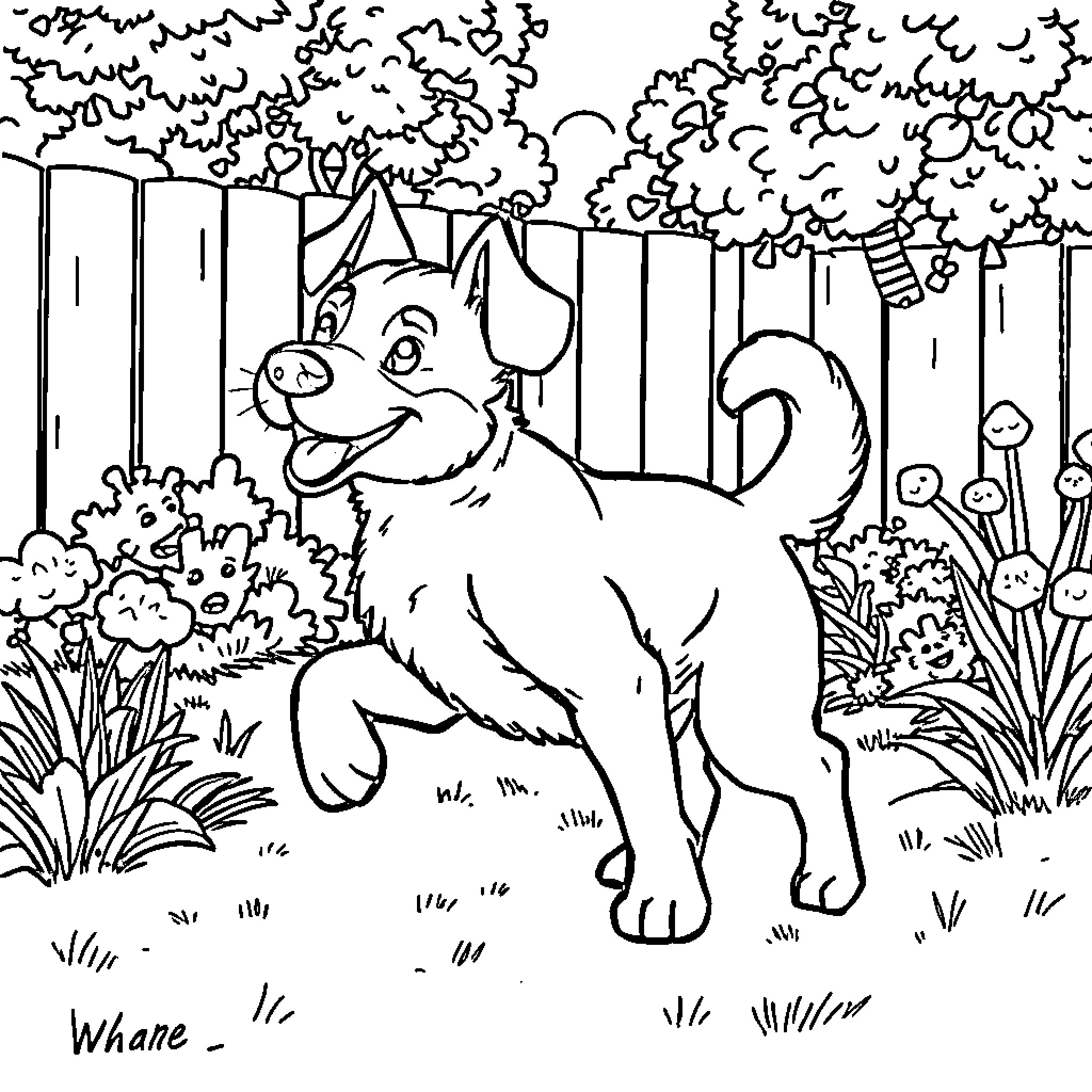 Bluey playing happily in the backyard Coloring Page (free black-and-white line drawing printable PDF for all, from beginners to advanced learners, including children, teens, adults, and seniors)