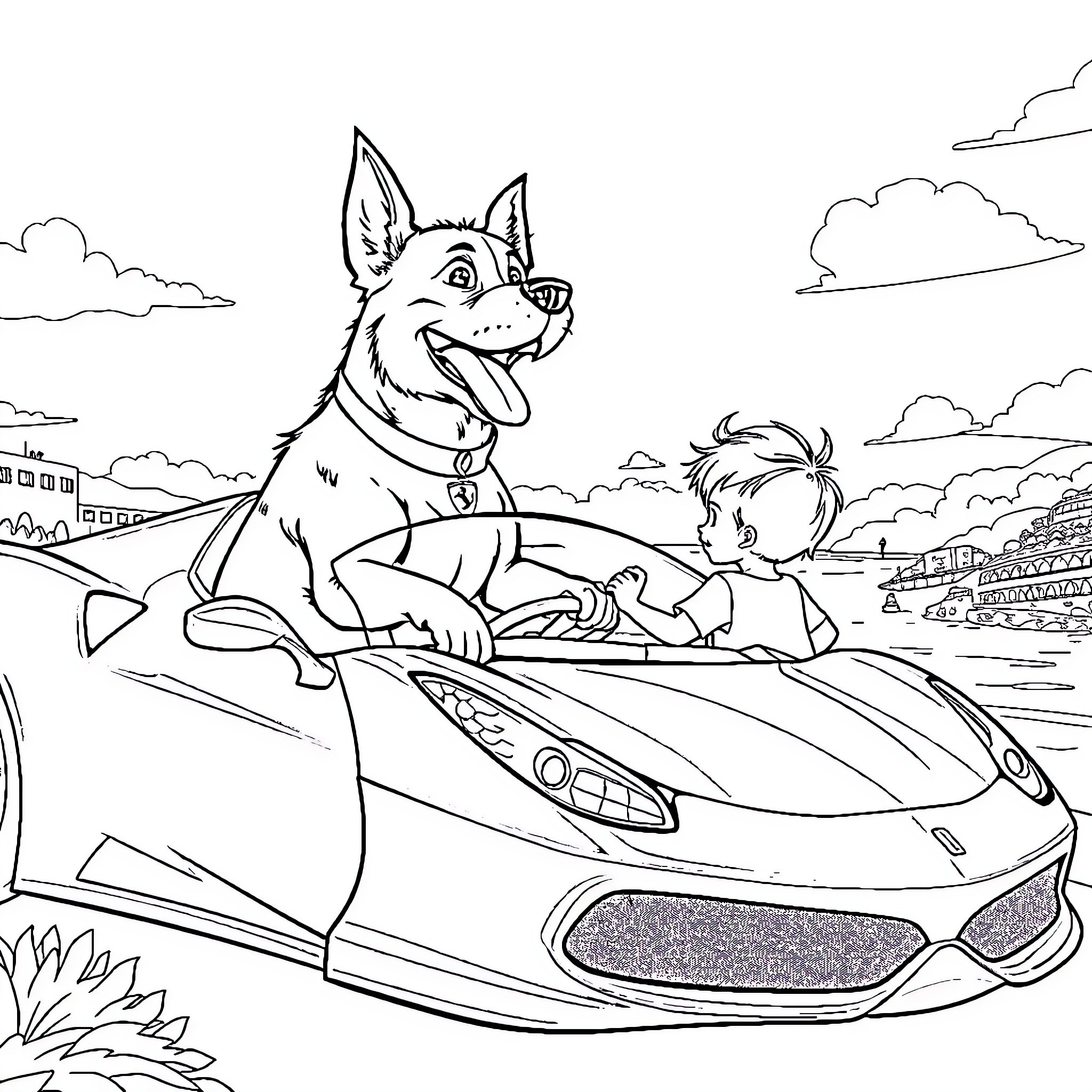 Chien riding in a sports car with a boy Coloring Page (free black-and-white line drawing printable PDF for all, from beginners to advanced learners, including children, teens, adults, and seniors)