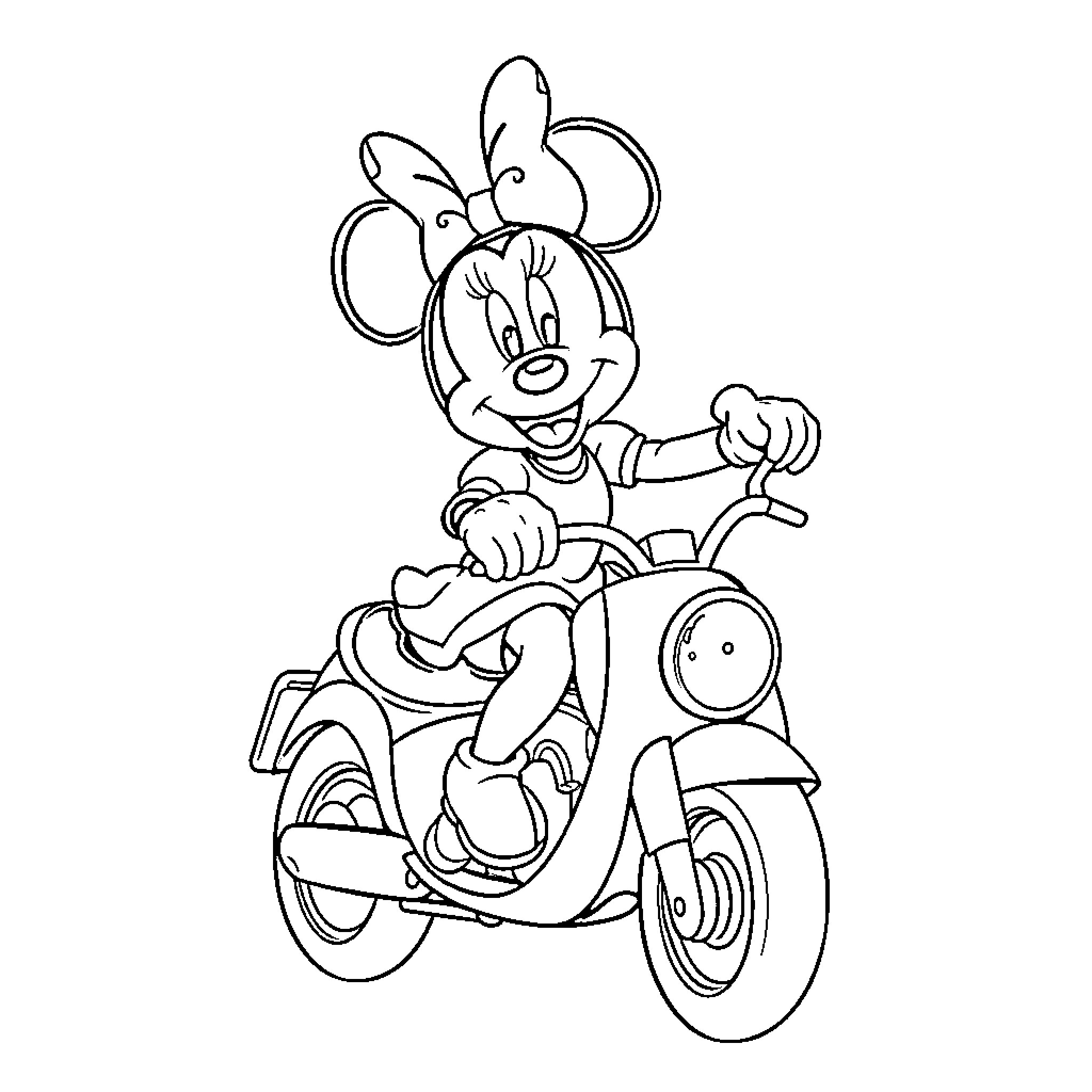 Minnie Mouse riding a scooter happily Coloring Page (free black-and-white line drawing printable PDF for all, from beginners to advanced learners, including children, teens, adults, and seniors)