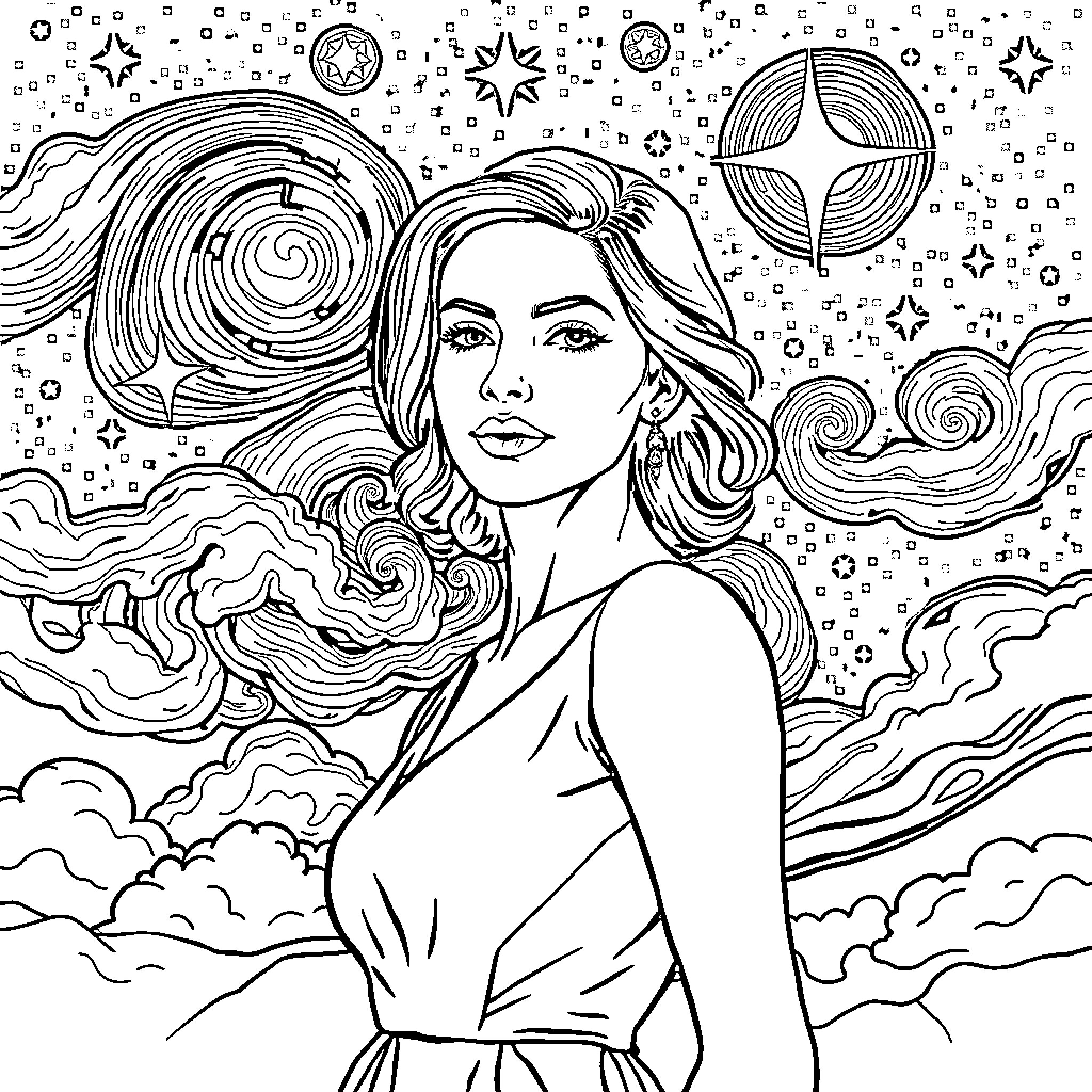 Woman surrounded by cosmic elements in a dreamlike scene Coloring Page (free black-and-white line drawing printable PDF for all, from beginners to advanced learners, including children, teens, adults, and seniors)