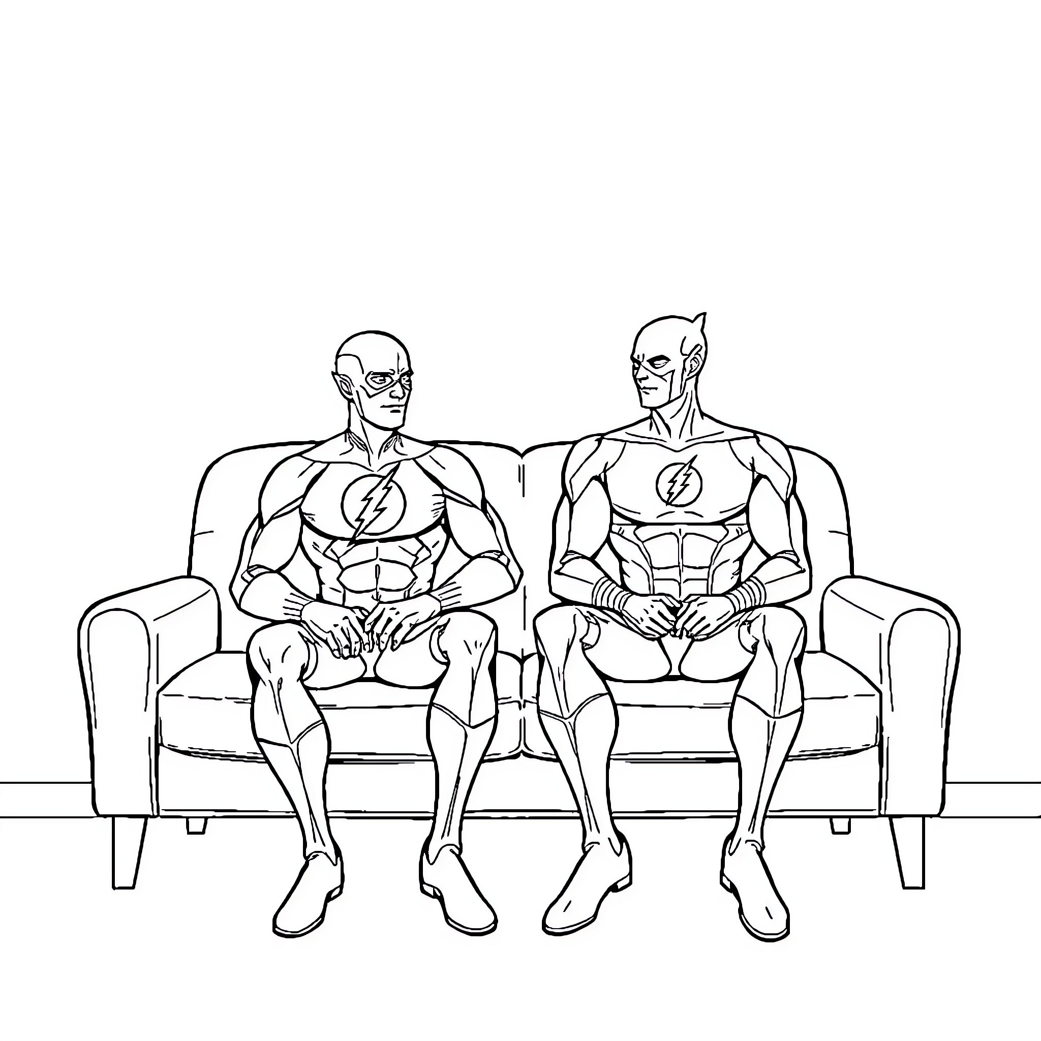 Flash Superheroes Relaxing on Couch Coloring Page (free black-and-white line drawing printable PDF for all, from beginners to advanced learners, including children, teens, adults, and seniors)
