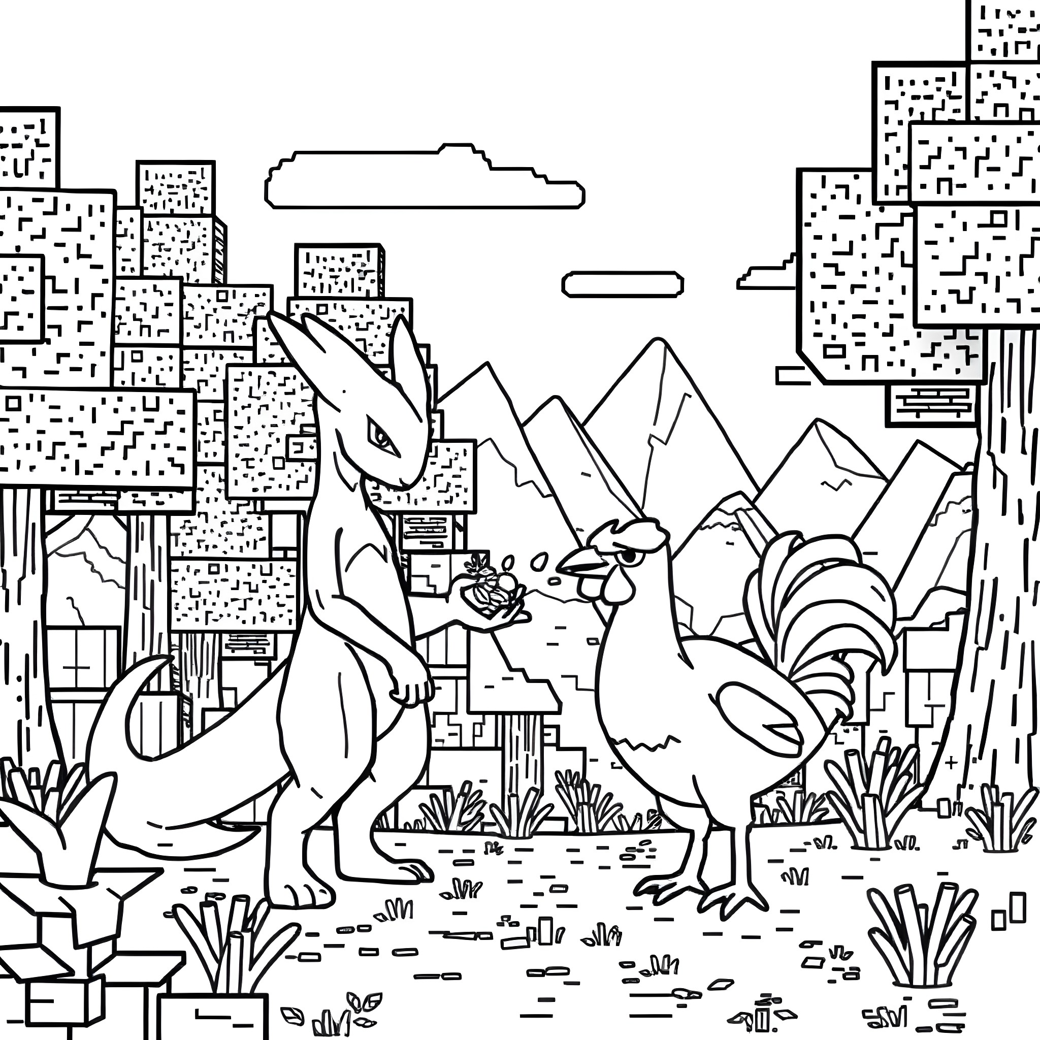 Mewtwo's Psychic Adventure in a Surreal Landscape Coloring Page (free black-and-white line drawing printable PDF for all, from beginners to advanced learners, including children, teens, adults, and seniors)
