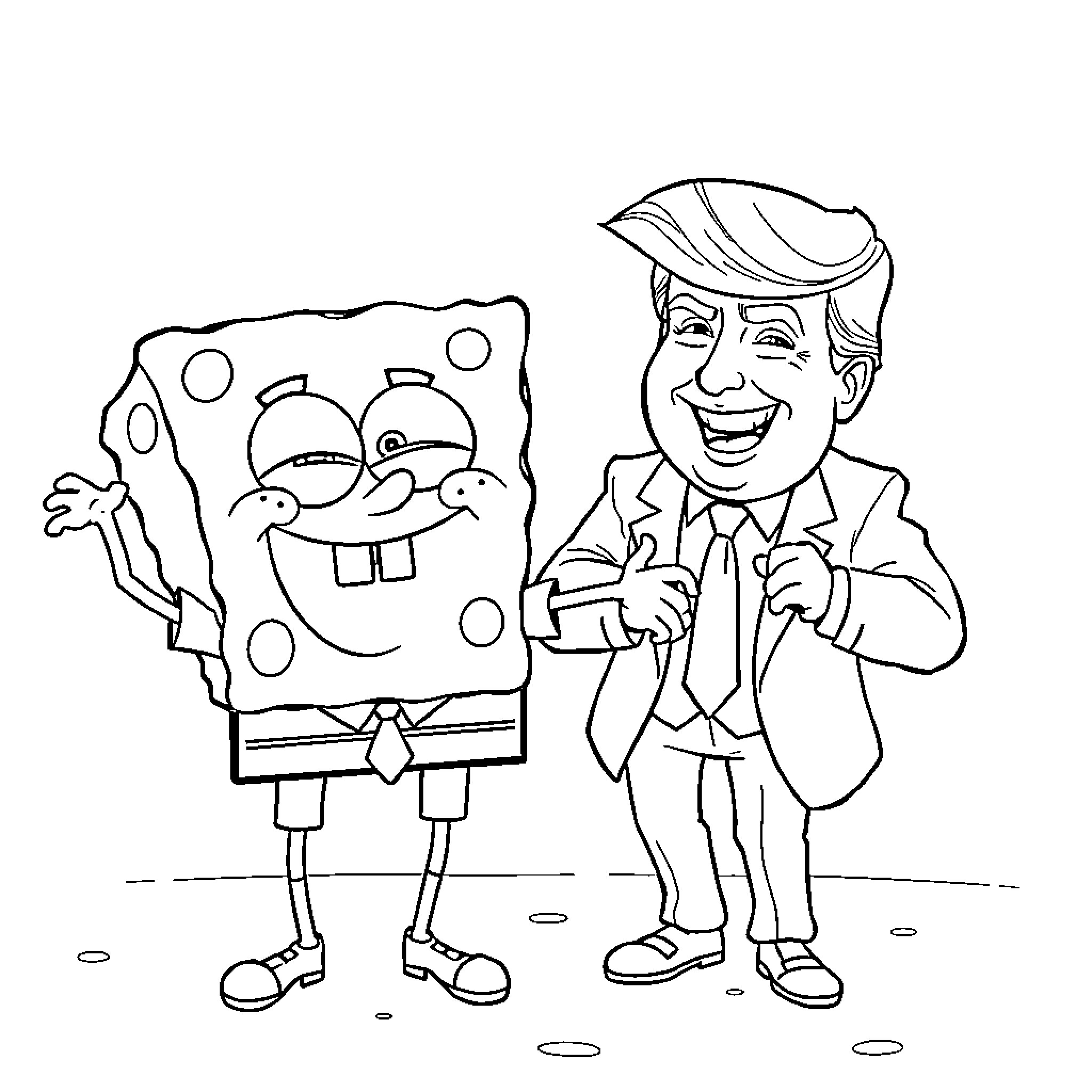 Spongebob and Donald Trump in humorous interaction Coloring Page (free black-and-white line drawing printable PDF for all, from beginners to advanced learners, including children, teens, adults, and seniors)