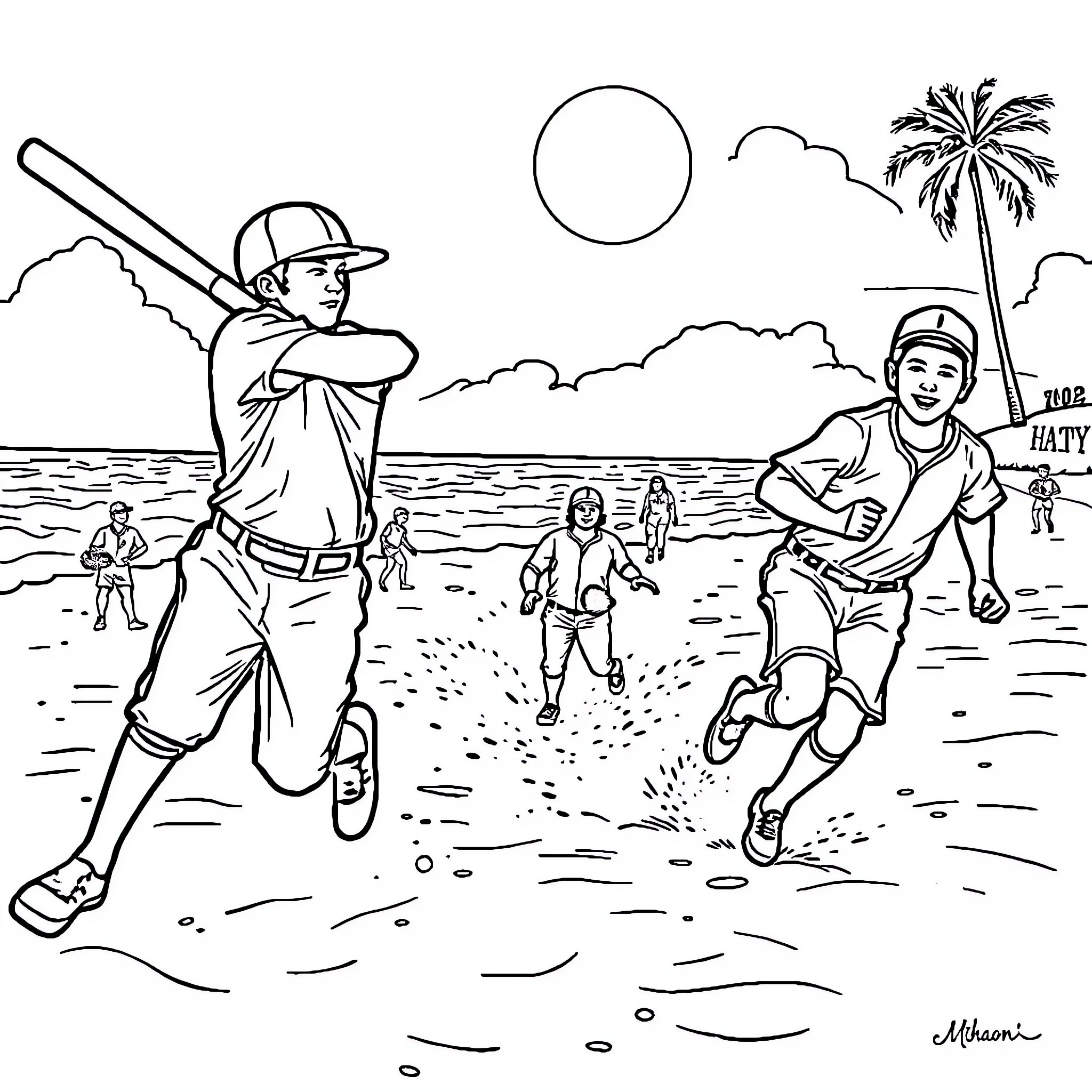 Baseball Players Engaged in Outdoor Activity Coloring Page (free black-and-white line drawing printable PDF for all, from beginners to advanced learners, including children, teens, adults, and seniors)
