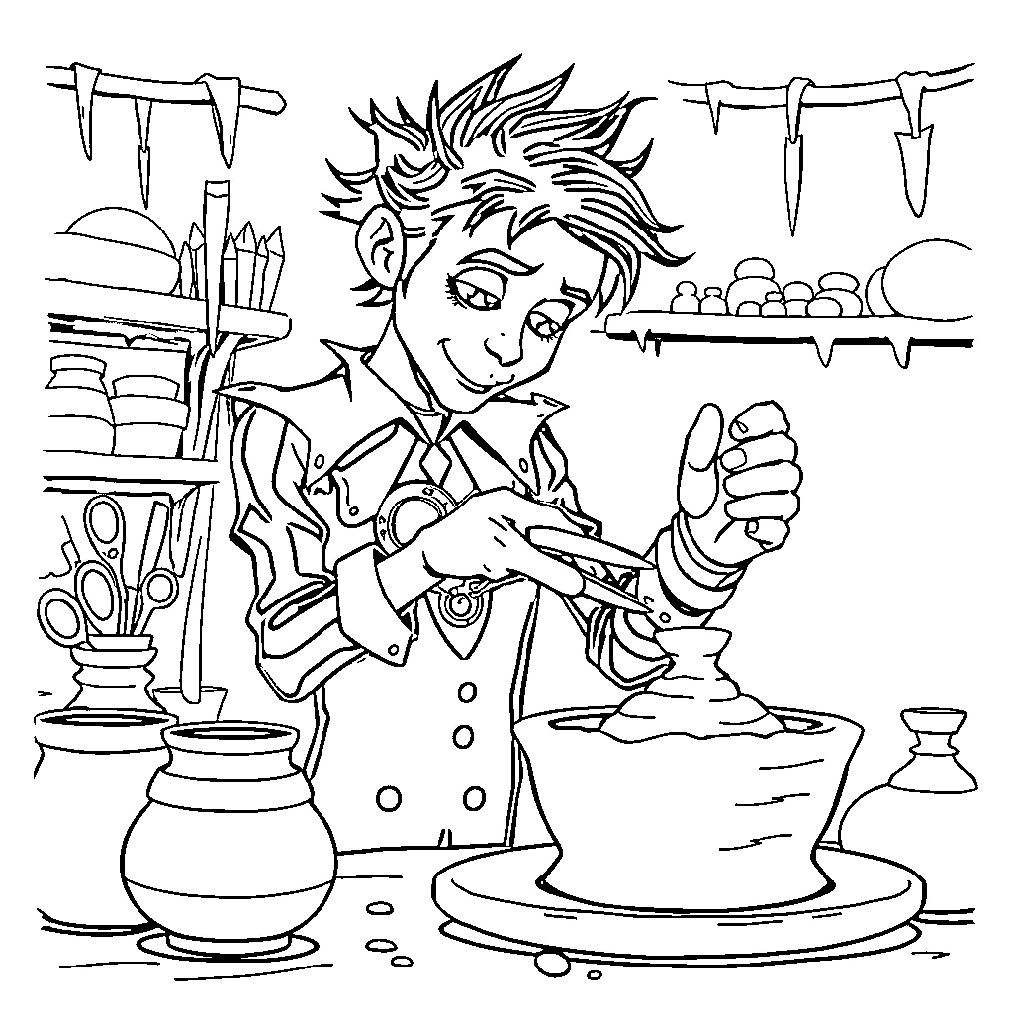 Edward Scissorhands creating artistic masterpieces in his workshop Coloring Page (free black-and-white line drawing printable PDF for all, from beginners to advanced learners, including children, teens, adults, and seniors)