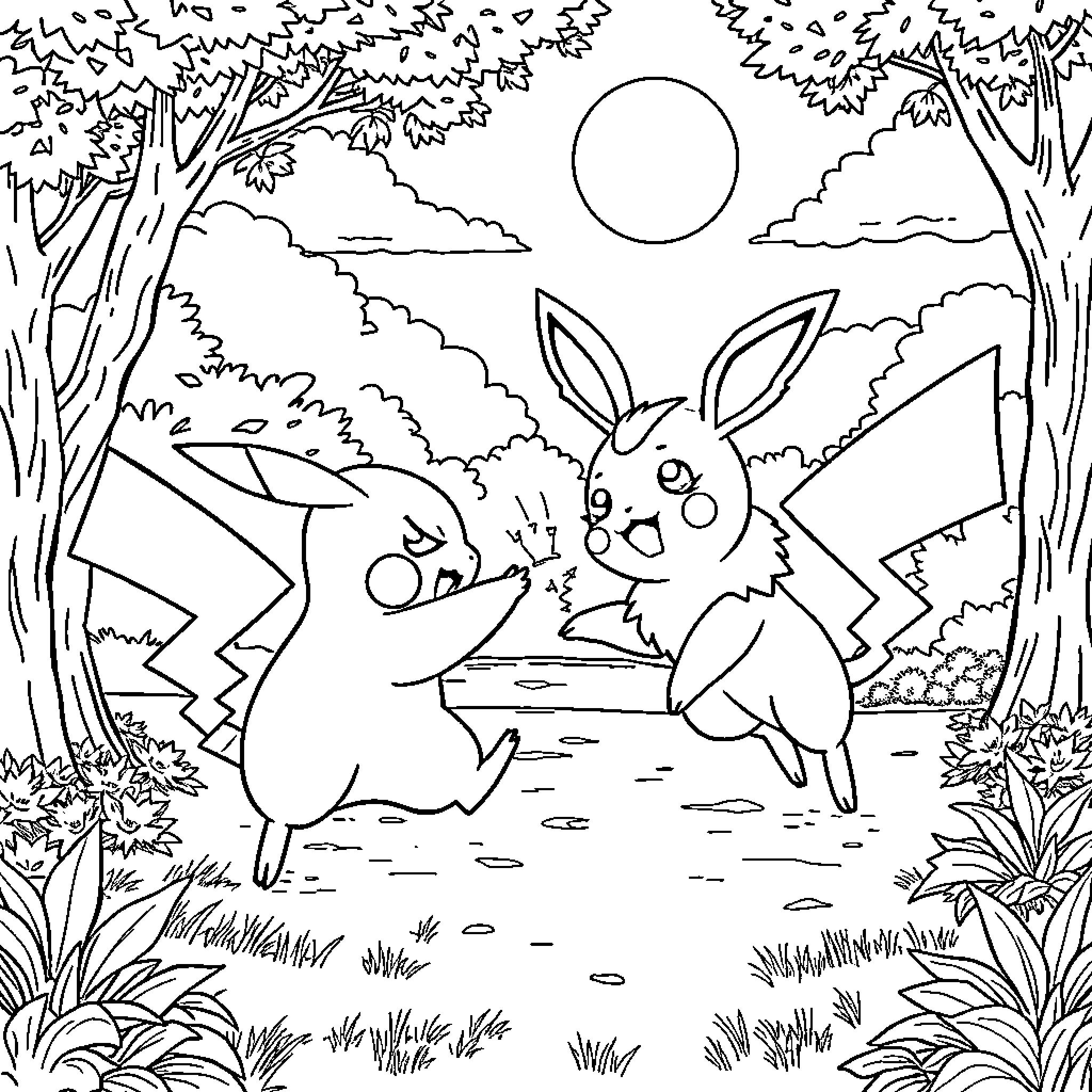 Pikachu and Eevee playing in the forest Coloring Page (free black-and-white line drawing printable PDF for all, from beginners to advanced learners, including children, teens, adults, and seniors)