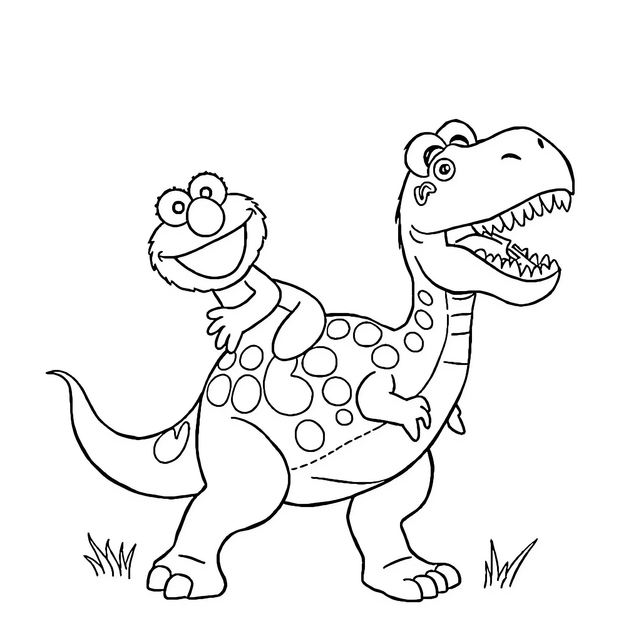 Elmo and his Dinosaur Friend Coloring Page (free black-and-white line drawing printable PDF for all, from beginners to advanced learners, including children, teens, adults, and seniors)