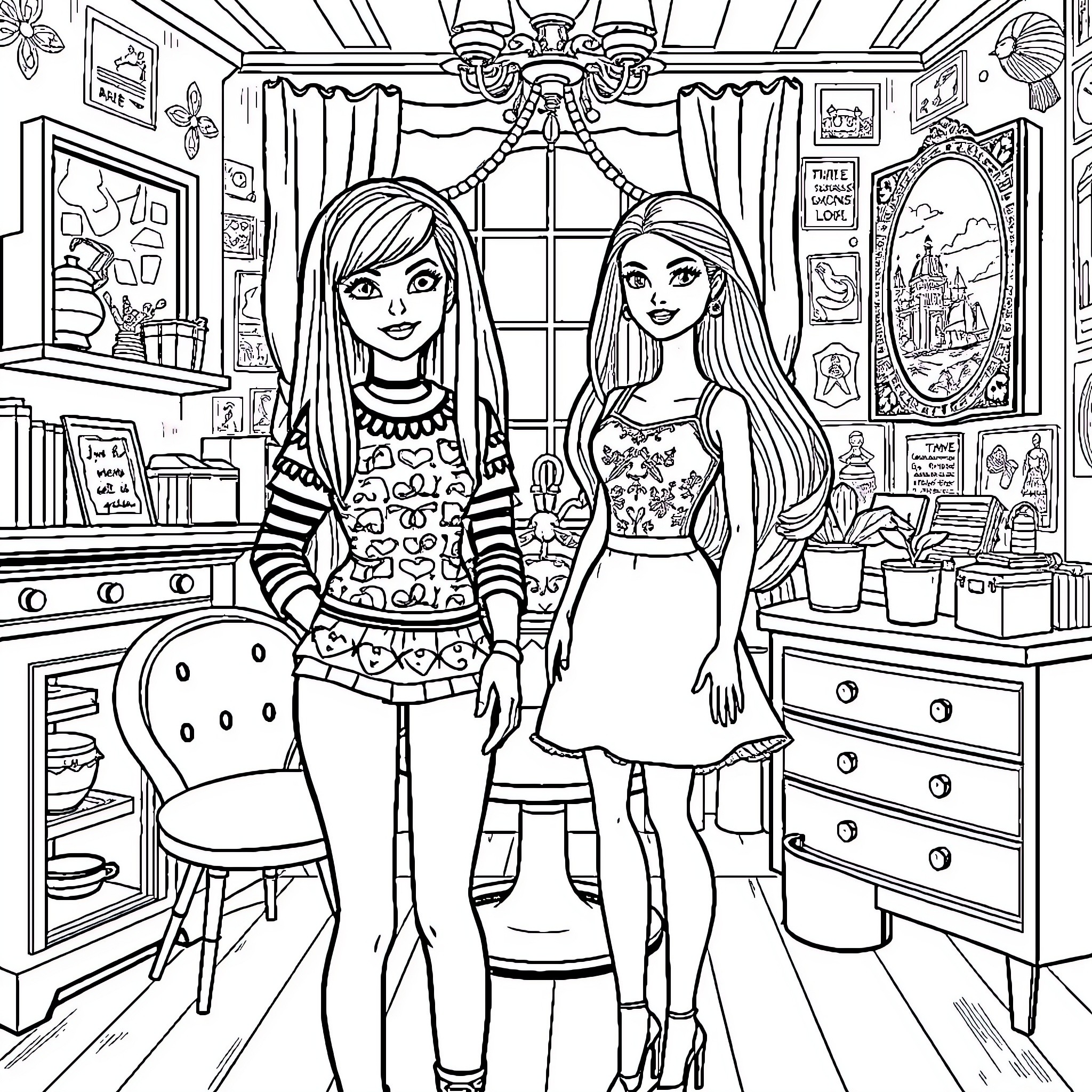 Wednesday Afternoon with Fashionable Friends Coloring Page (free black-and-white line drawing printable PDF for all, from beginners to advanced learners, including children, teens, adults, and seniors)