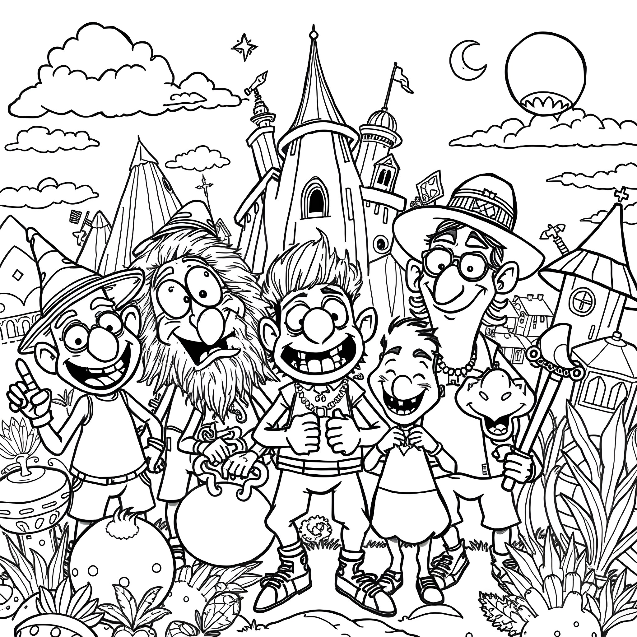 Sprunky Creatures Exploring the Whimsical Landscape Coloring Page (free black-and-white line drawing printable PDF for all, from beginners to advanced learners, including children, teens, adults, and seniors)