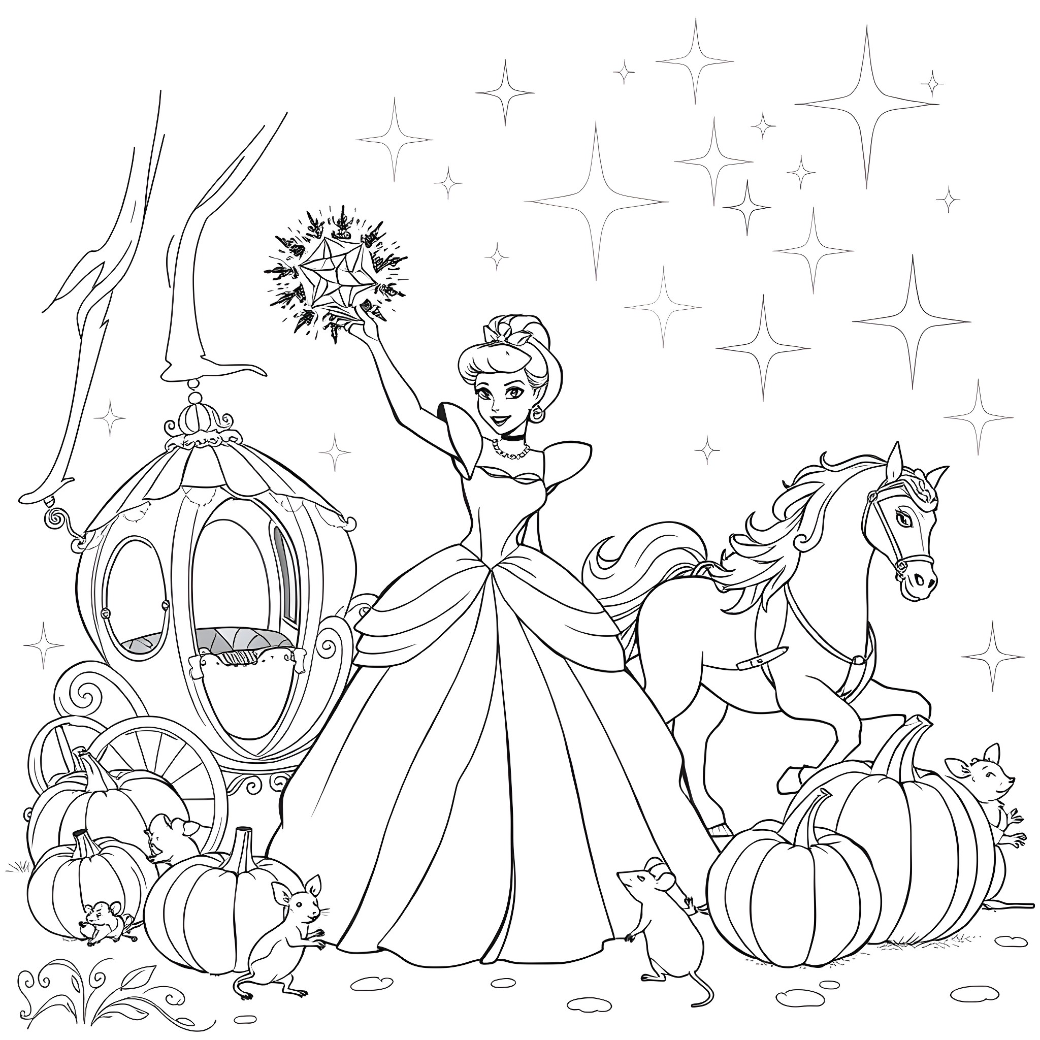 Fairy Godmother Guiding a Princess on Her Magical Journey Coloring Page (free black-and-white line drawing printable PDF for all, from beginners to advanced learners, including children, teens, adults, and seniors)