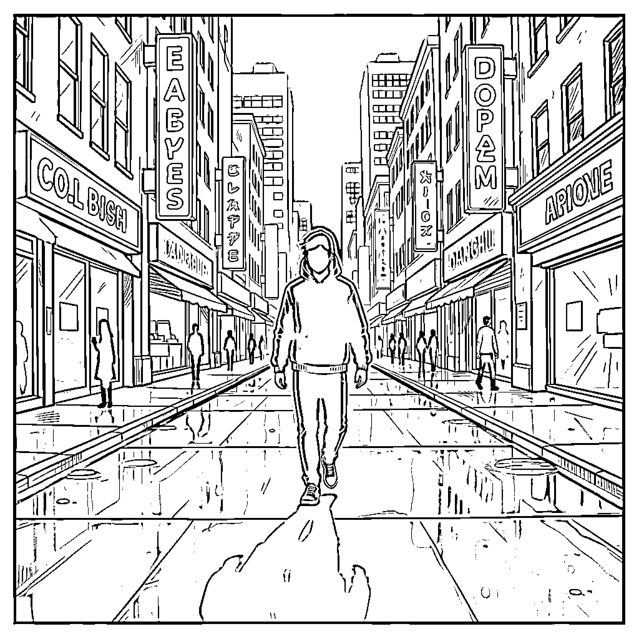 Character walks down urban street with buildings Coloring Page (free black-and-white line drawing printable PDF for all, from beginners to advanced learners, including children, teens, adults, and seniors)