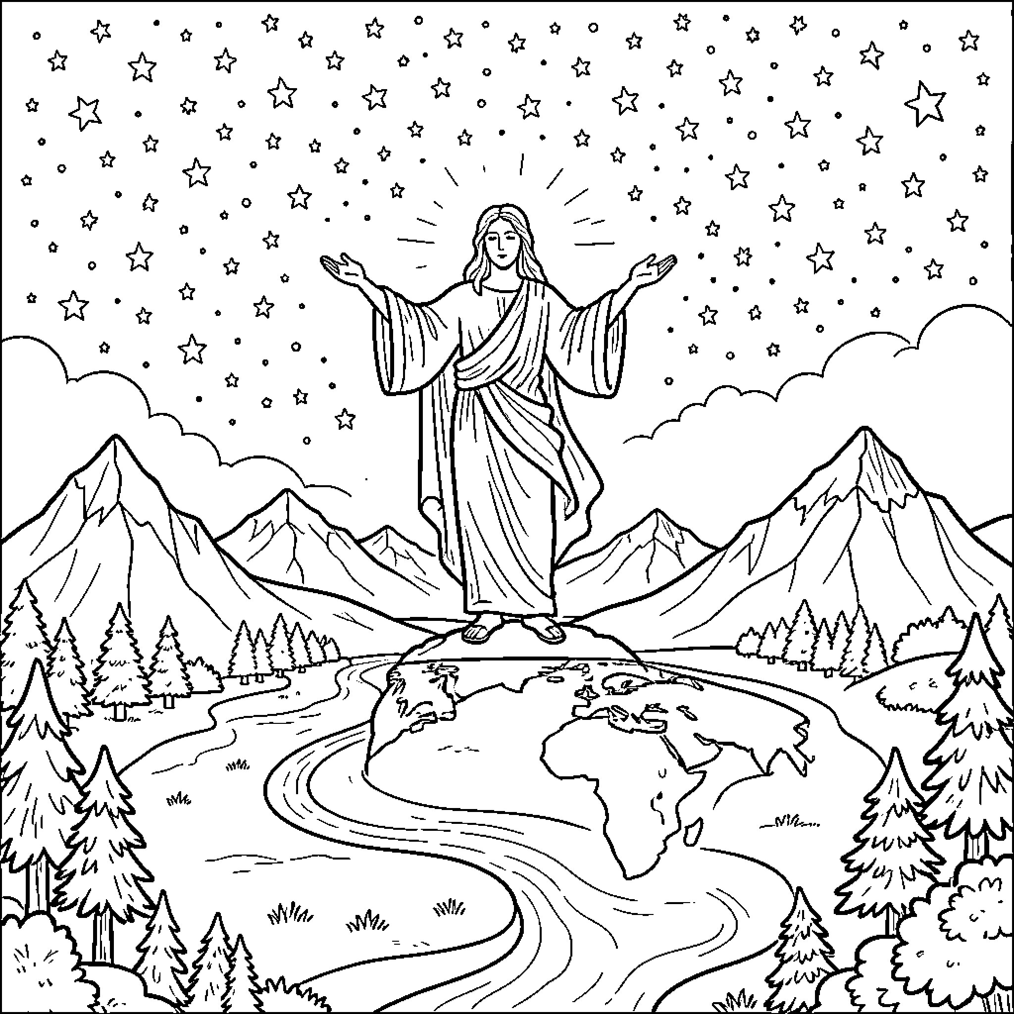 Dios' Embrace of the World Coloring Page (free black-and-white line drawing printable PDF for all, from beginners to advanced learners, including children, teens, adults, and seniors)