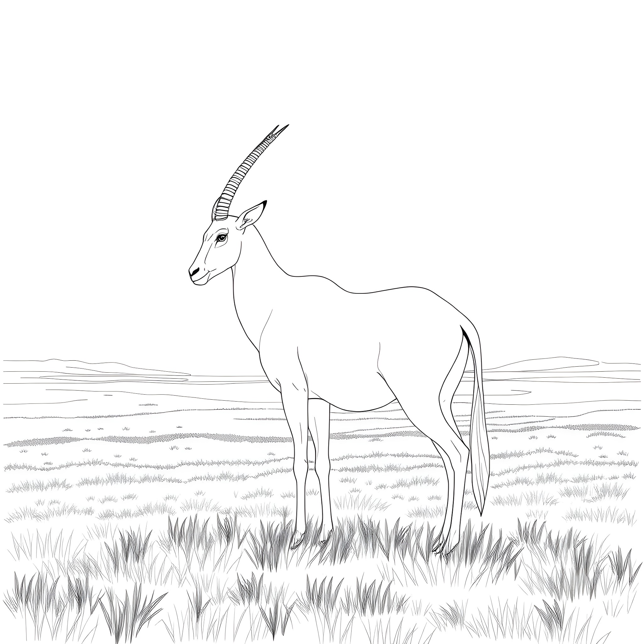Oryx standing calmly in the wilderness Coloring Page (free black-and-white line drawing printable PDF for all, from beginners to advanced learners, including children, teens, adults, and seniors)