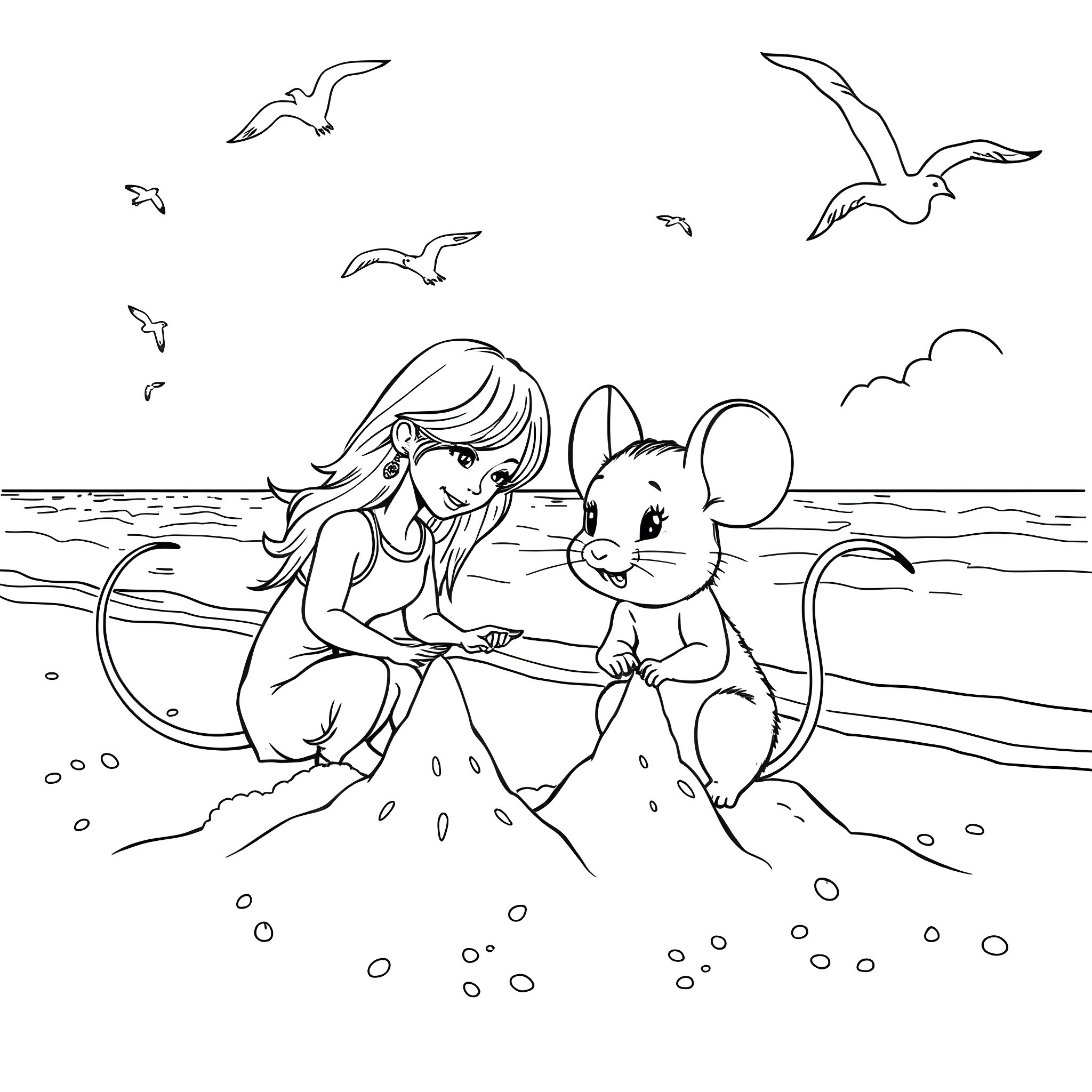 Mouse playing with girl on the beach Coloring Page (free black-and-white line drawing printable PDF for all, from beginners to advanced learners, including children, teens, adults, and seniors)