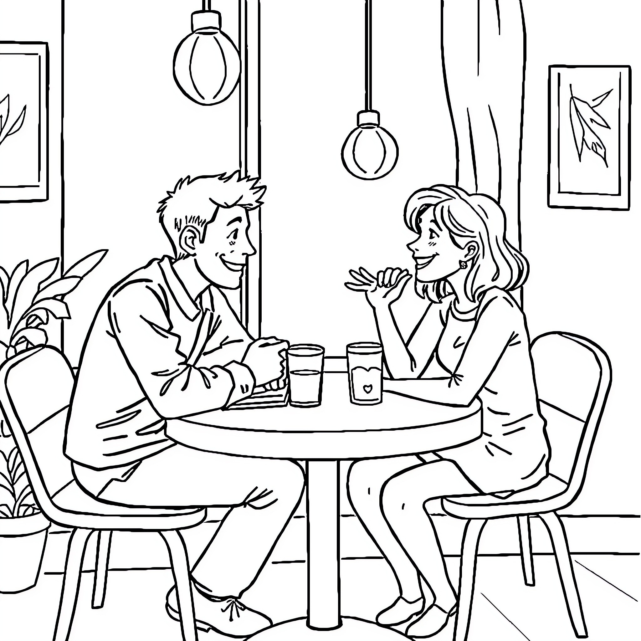 Cat enjoys a cozy cafe conversation Coloring Page (free black-and-white line drawing printable PDF for all, from beginners to advanced learners, including children, teens, adults, and seniors)