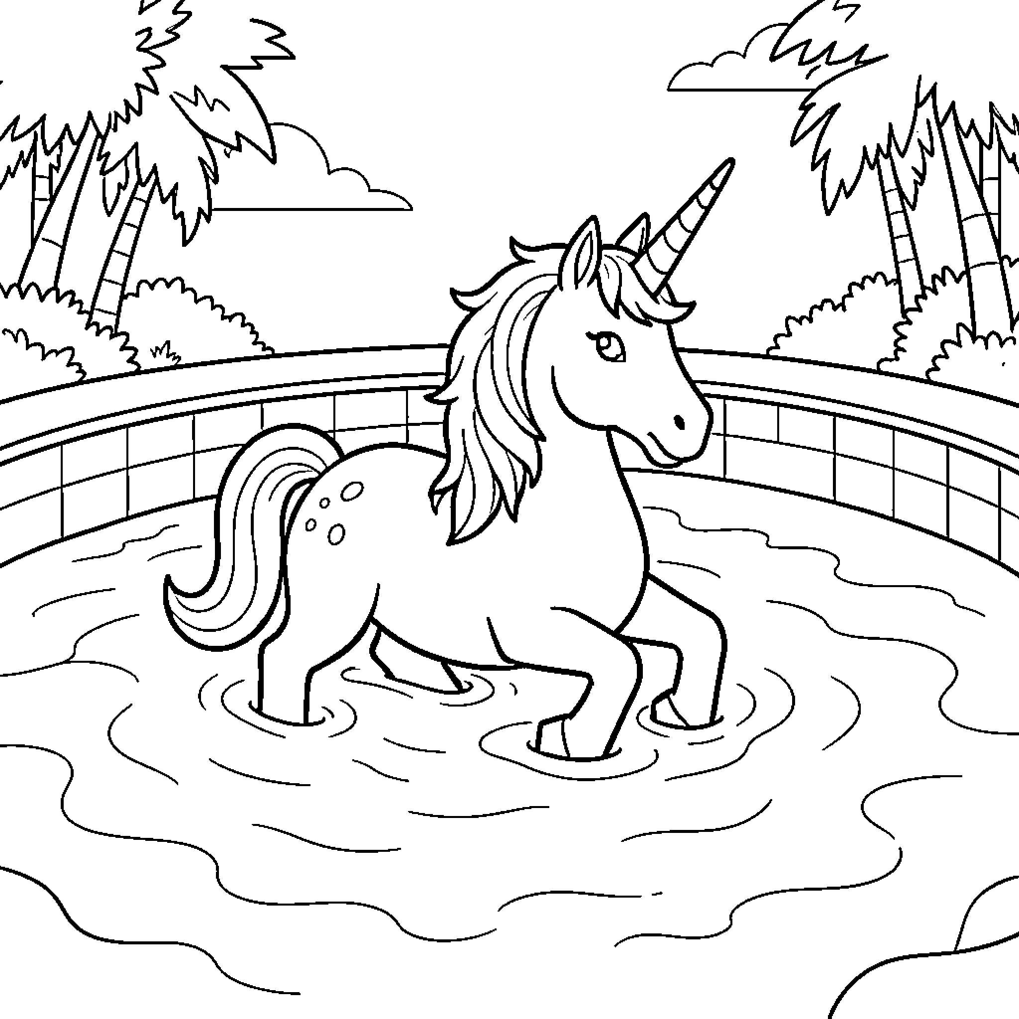 Unicorn splashing happily in a tropical pool Coloring Page (free black-and-white line drawing printable PDF for all, from beginners to advanced learners, including children, teens, adults, and seniors)