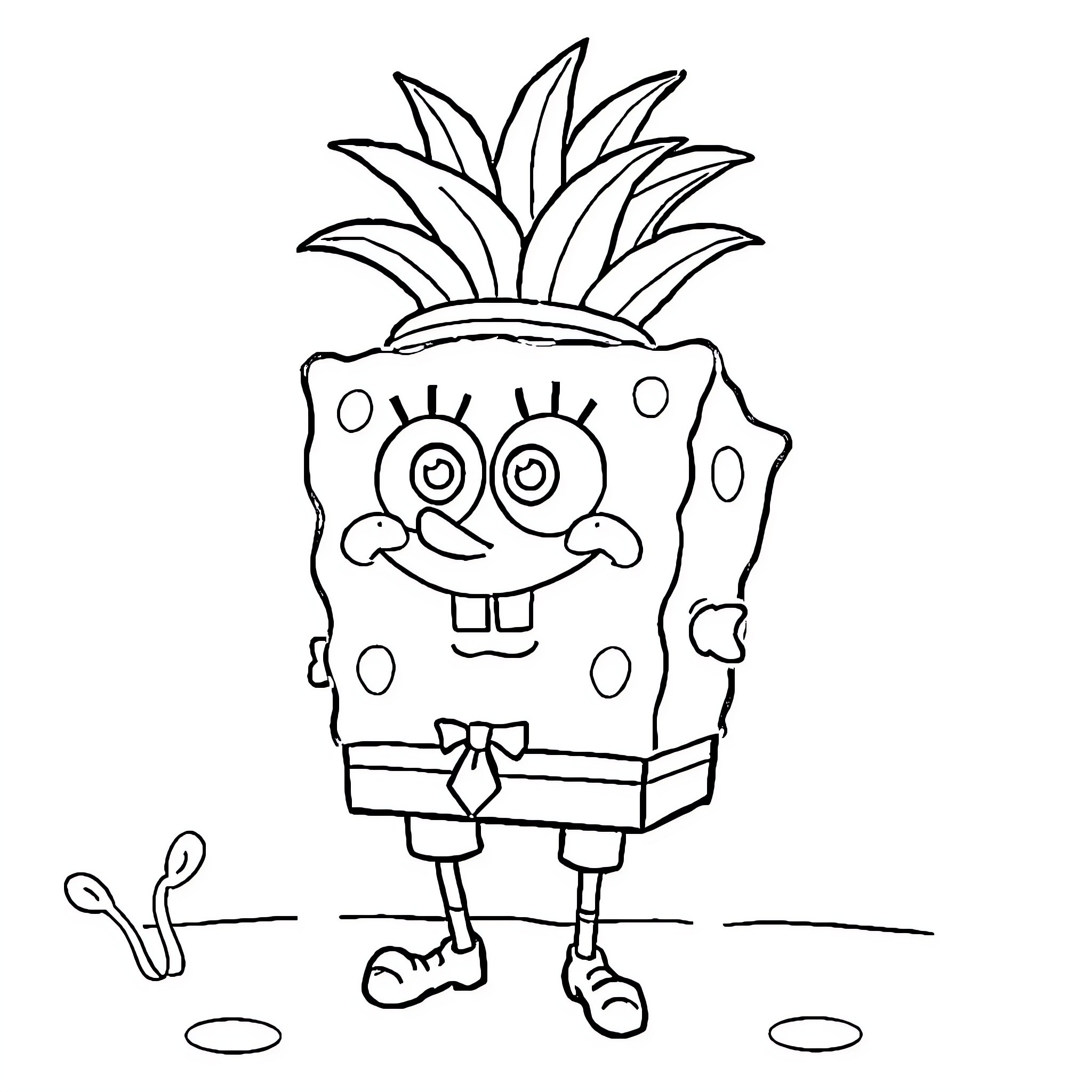 Spongebob having fun with his pineapple home Coloring Page (free black-and-white line drawing printable PDF for all, from beginners to advanced learners, including children, teens, adults, and seniors)
