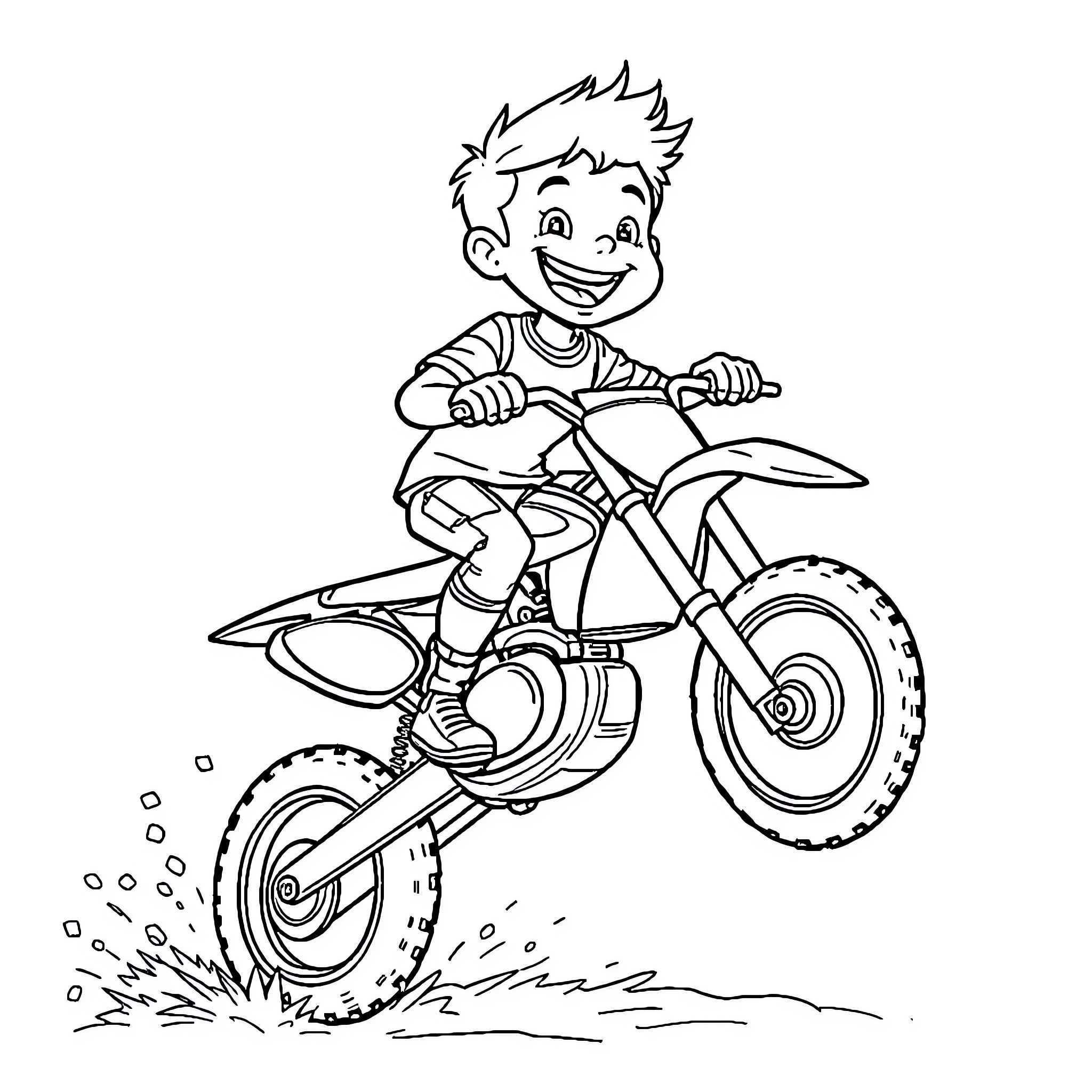 Boy riding a motorbike with excitement Coloring Page (free black-and-white line drawing printable PDF for all, from beginners to advanced learners, including children, teens, adults, and seniors)