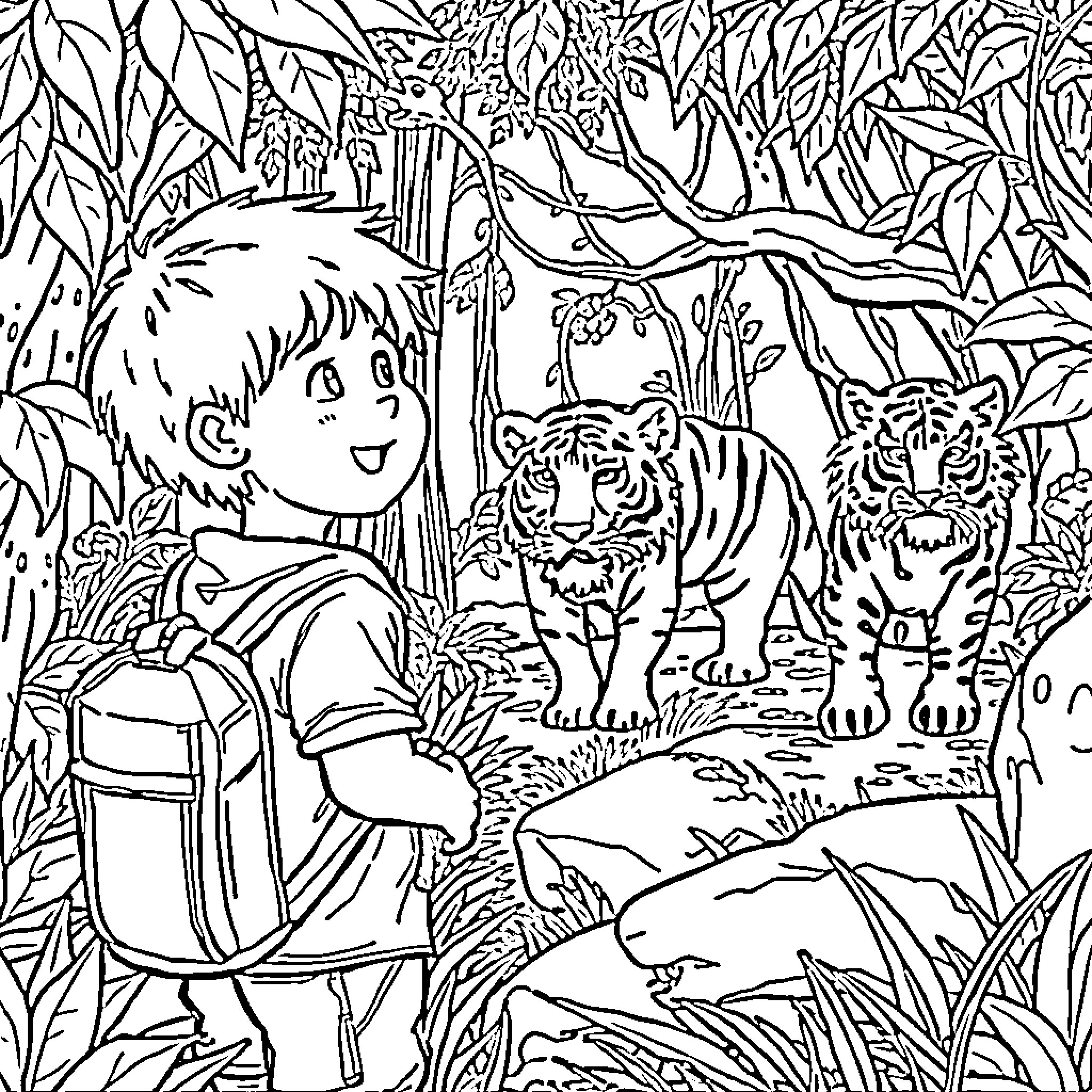 Boy explores the enchanting jungle with wild animals Coloring Page (free black-and-white line drawing printable PDF for all, from beginners to advanced learners, including children, teens, adults, and seniors)