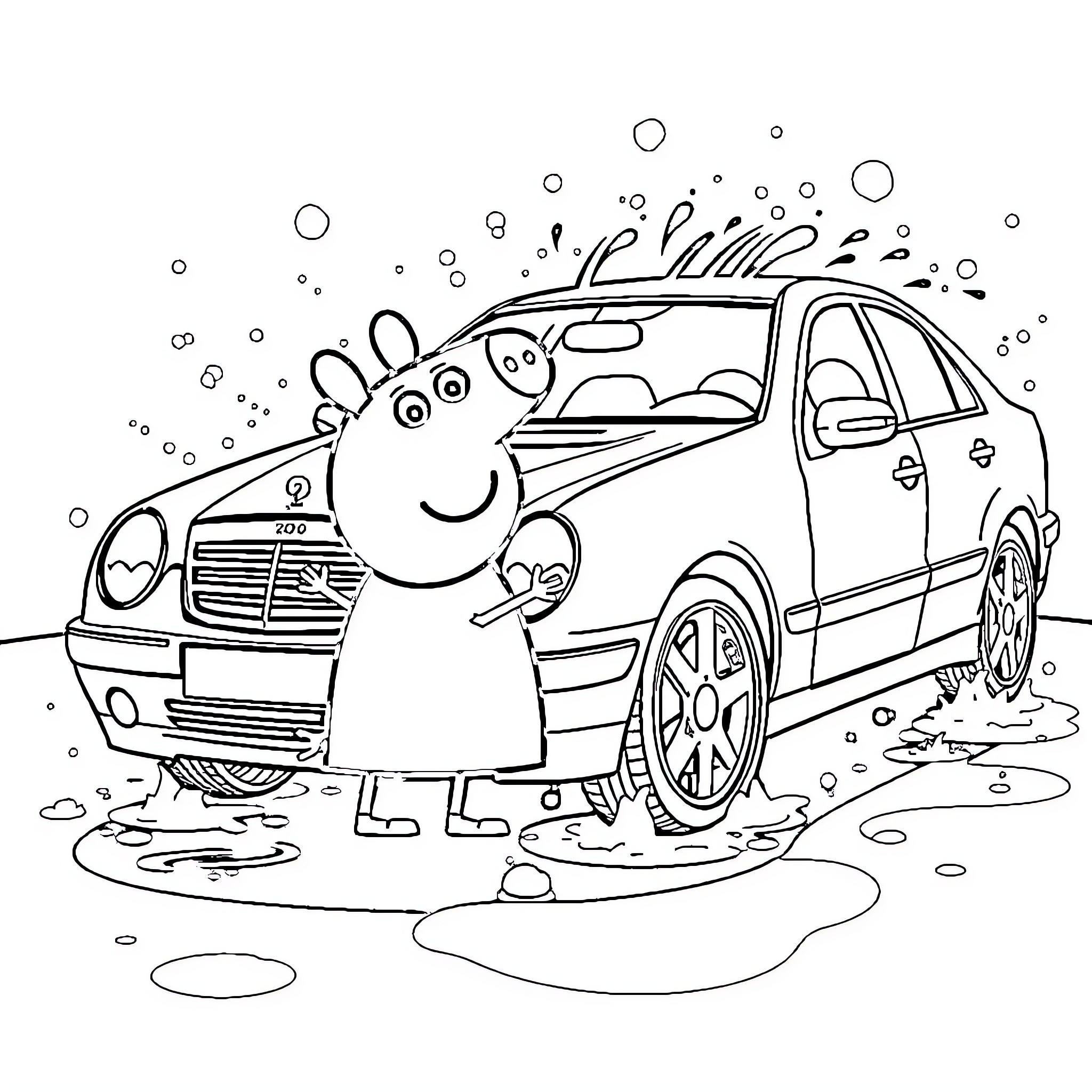 Peppa Pig cleaning muddy car with friend Coloring Page (free black-and-white line drawing printable PDF for all, from beginners to advanced learners, including children, teens, adults, and seniors)