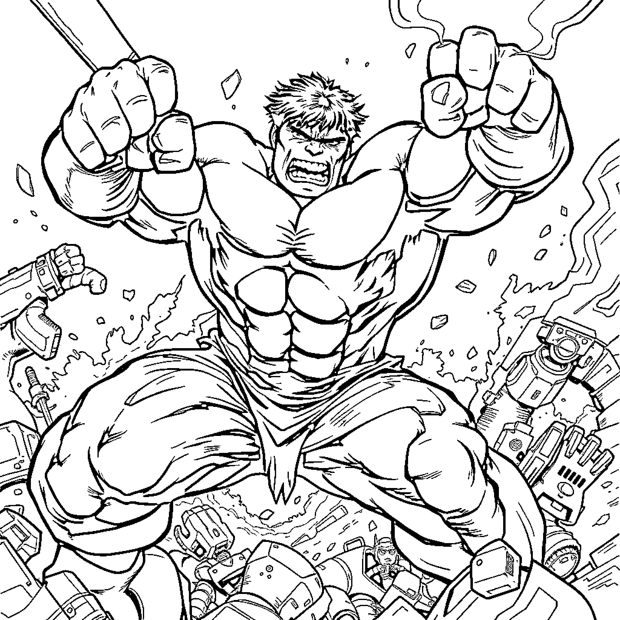 Hulk unleashing his destructive power in an epic battle Coloring Page (free black-and-white line drawing printable PDF for all, from beginners to advanced learners, including children, teens, adults, and seniors)