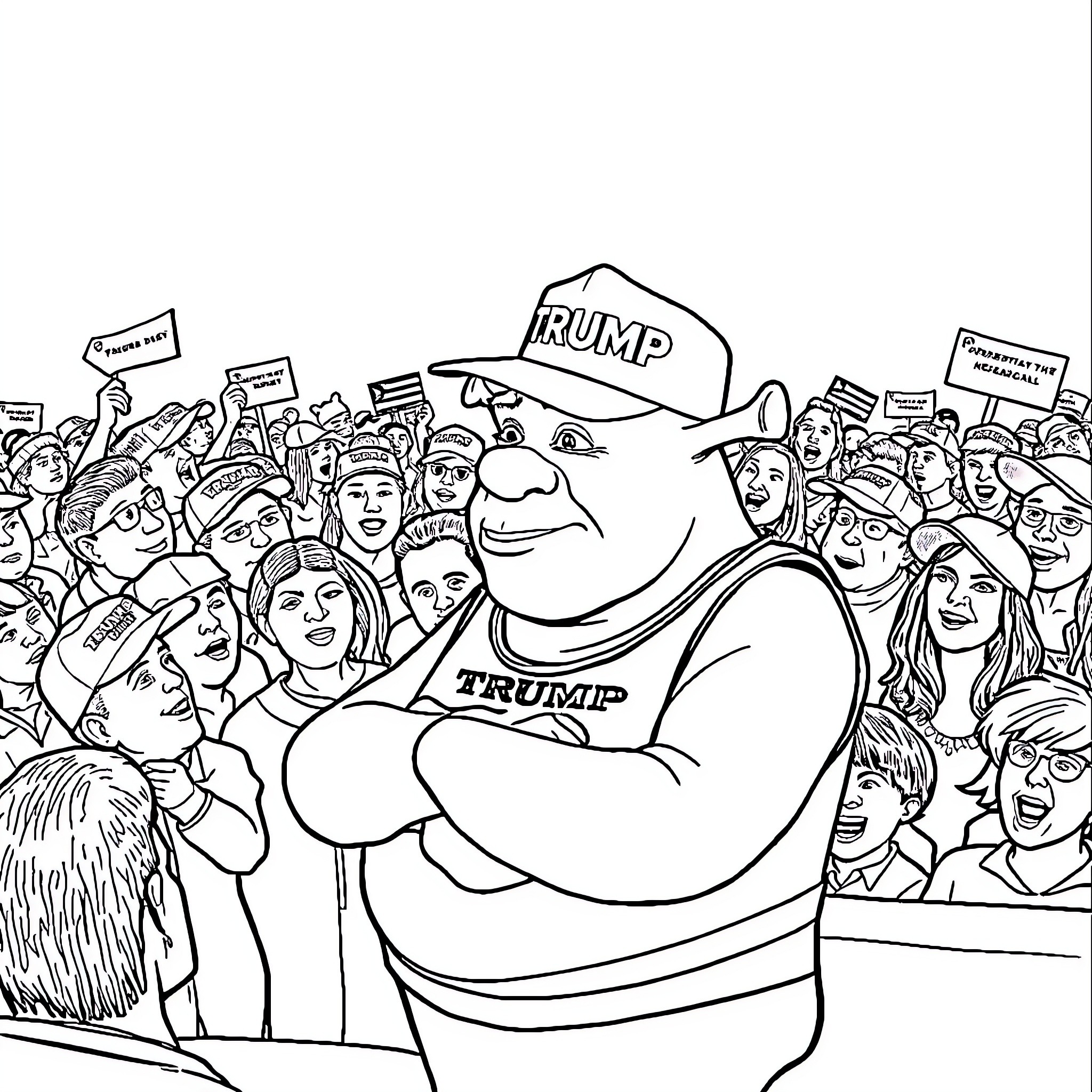 Shrek at a Trump rally surrounded by supporters Coloring Page (free black-and-white line drawing printable PDF for all, from beginners to advanced learners, including children, teens, adults, and seniors)