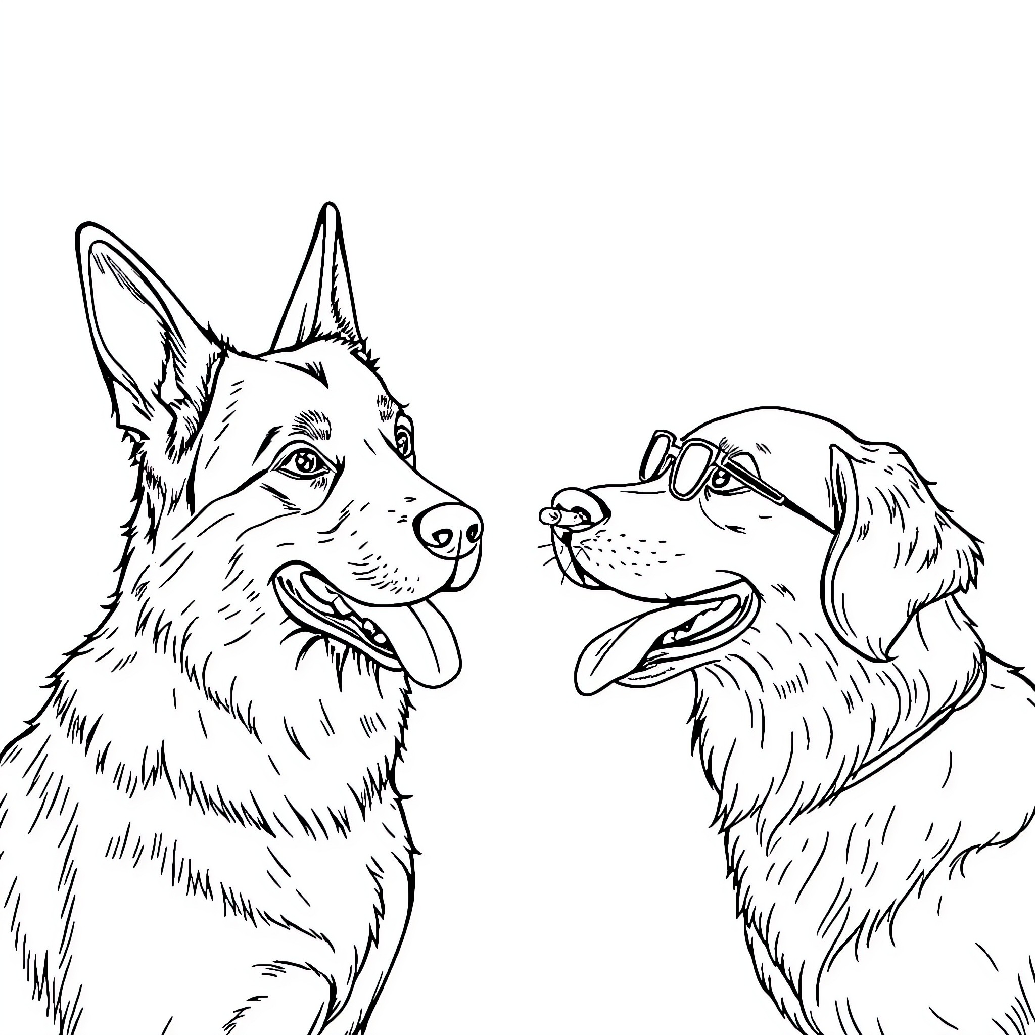 Dog friends enjoying each other's company Coloring Page (free black-and-white line drawing printable PDF for all, from beginners to advanced learners, including children, teens, adults, and seniors)