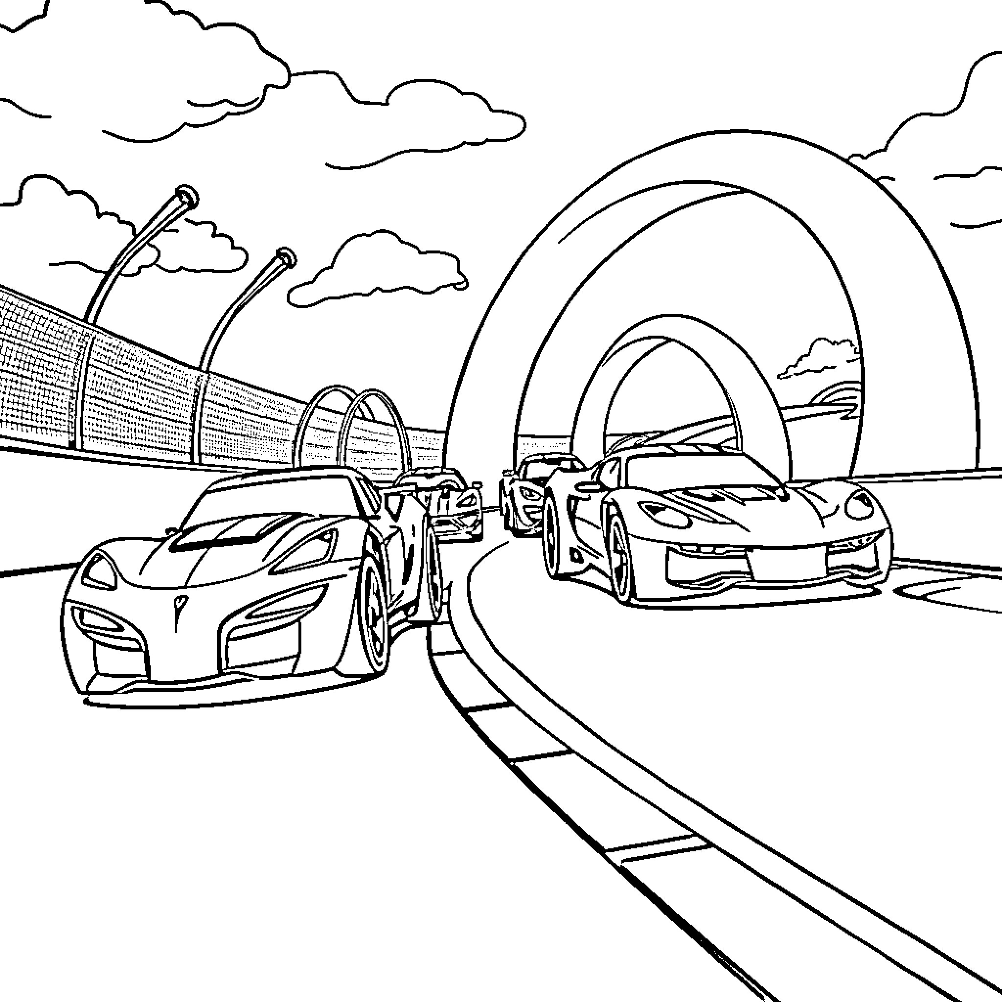 Hot Wheels cars speeding through a futuristic tunnel Coloring Page (free black-and-white line drawing printable PDF for all, from beginners to advanced learners, including children, teens, adults, and seniors)