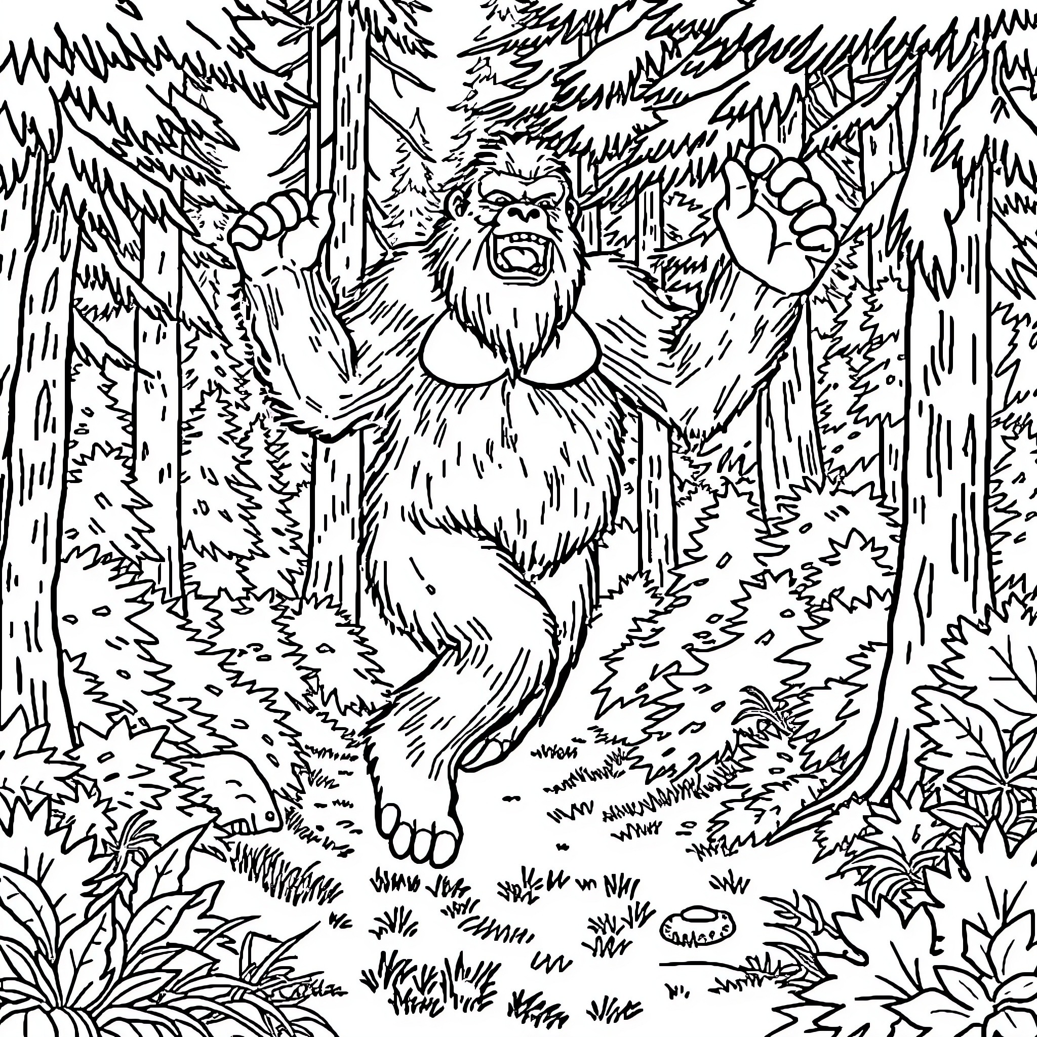Bigfoot roaring fiercely in the dense forest Coloring Page (free black-and-white line drawing printable PDF for all, from beginners to advanced learners, including children, teens, adults, and seniors)