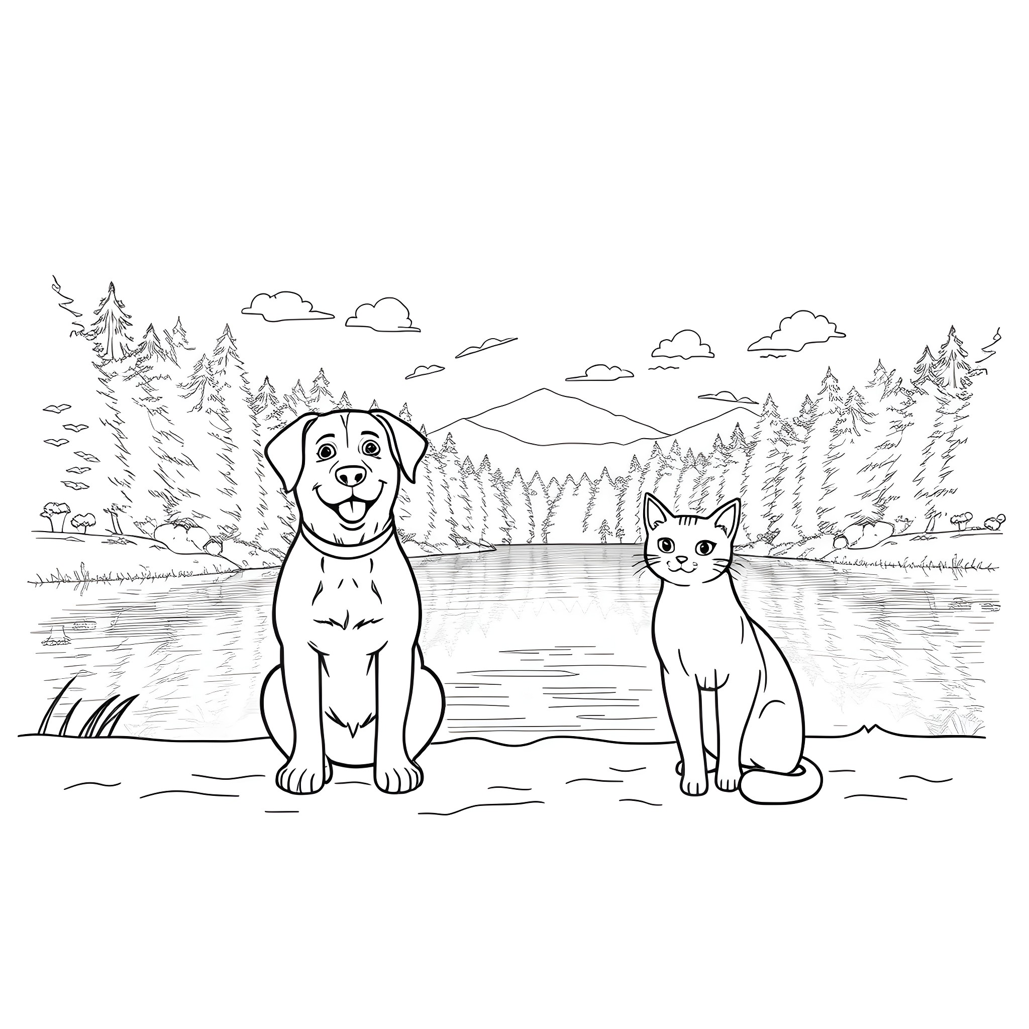 Dog and cat enjoying nature scenery Coloring Page (free black-and-white line drawing printable PDF for all, from beginners to advanced learners, including children, teens, adults, and seniors)