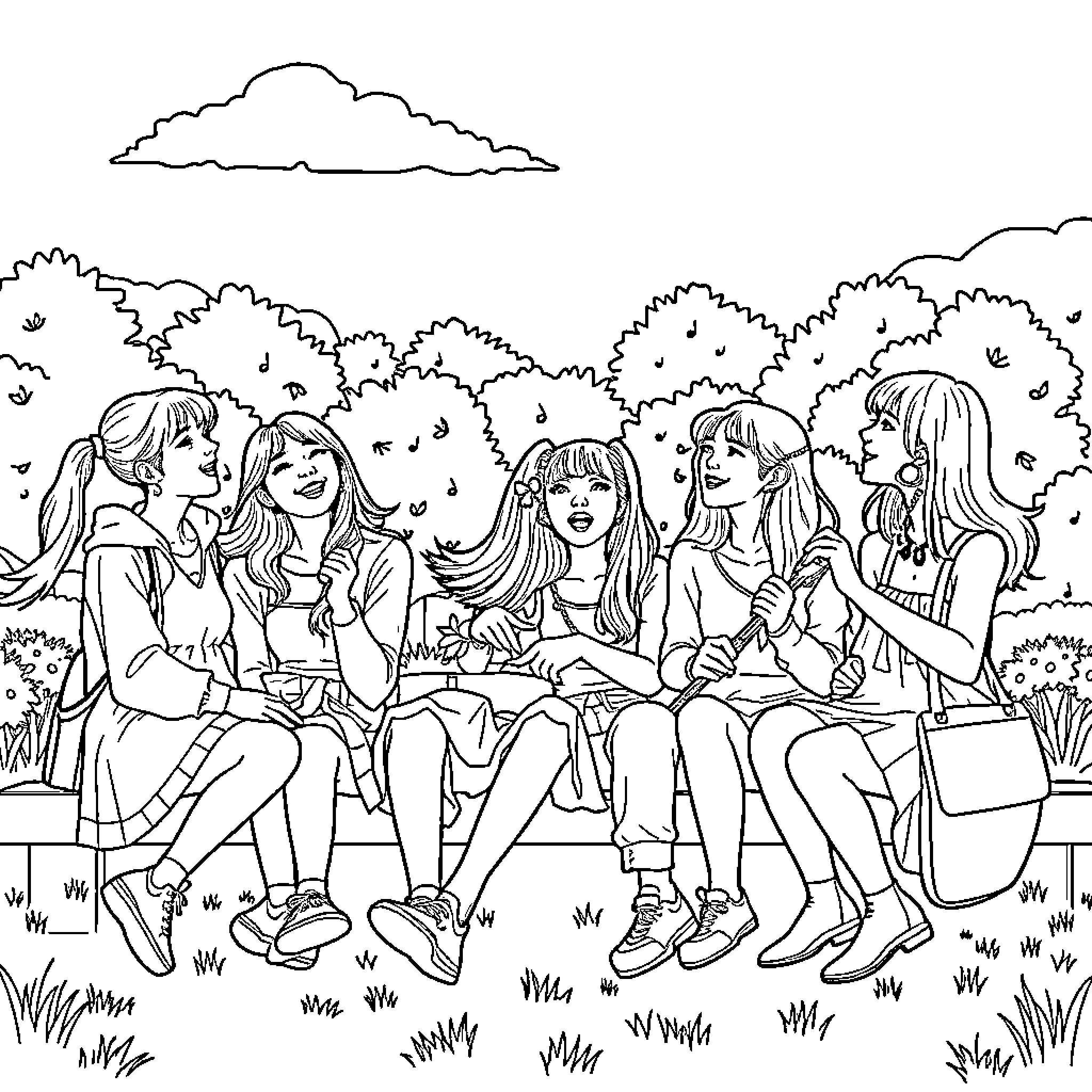 Kpop Girls Enjoying Outdoor Gathering Coloring Page (free black-and-white line drawing printable PDF for all, from beginners to advanced learners, including children, teens, adults, and seniors)
