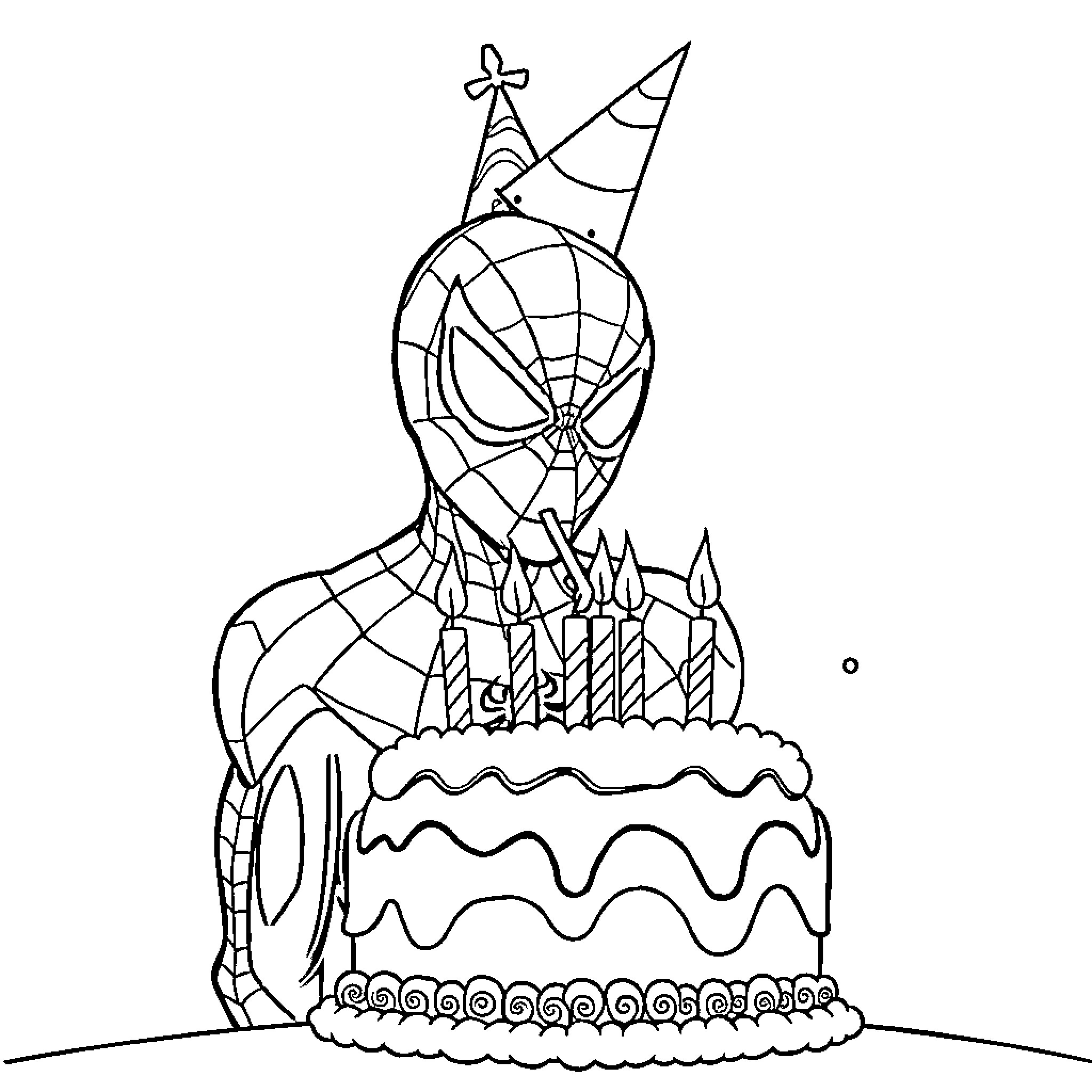 Spiderman celebrates birthday with cake and party hat Coloring Page (free black-and-white line drawing printable PDF for all, from beginners to advanced learners, including children, teens, adults, and seniors)