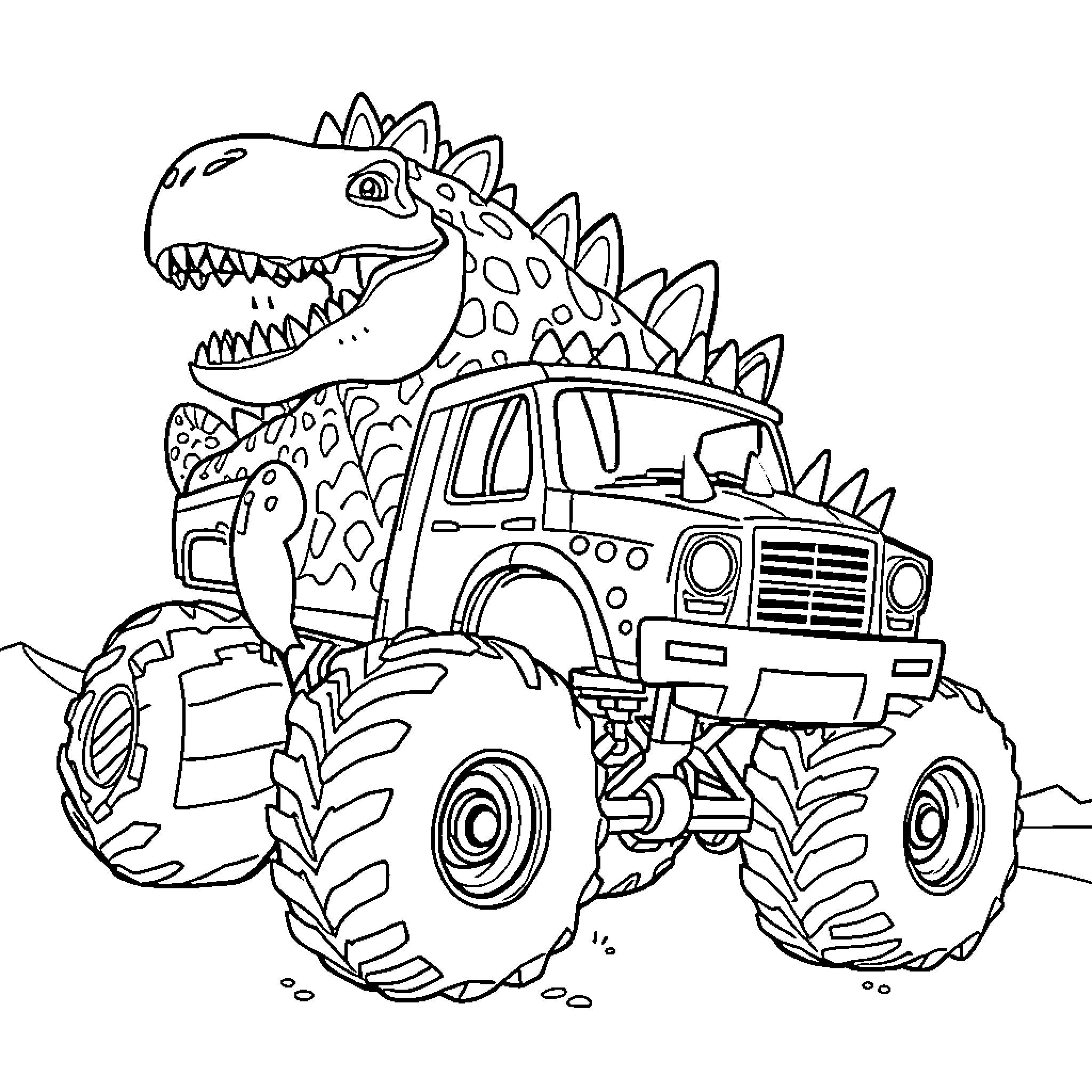 Dino driving a monster truck on the road Coloring Page (free black-and-white line drawing printable PDF for all, from beginners to advanced learners, including children, teens, adults, and seniors)